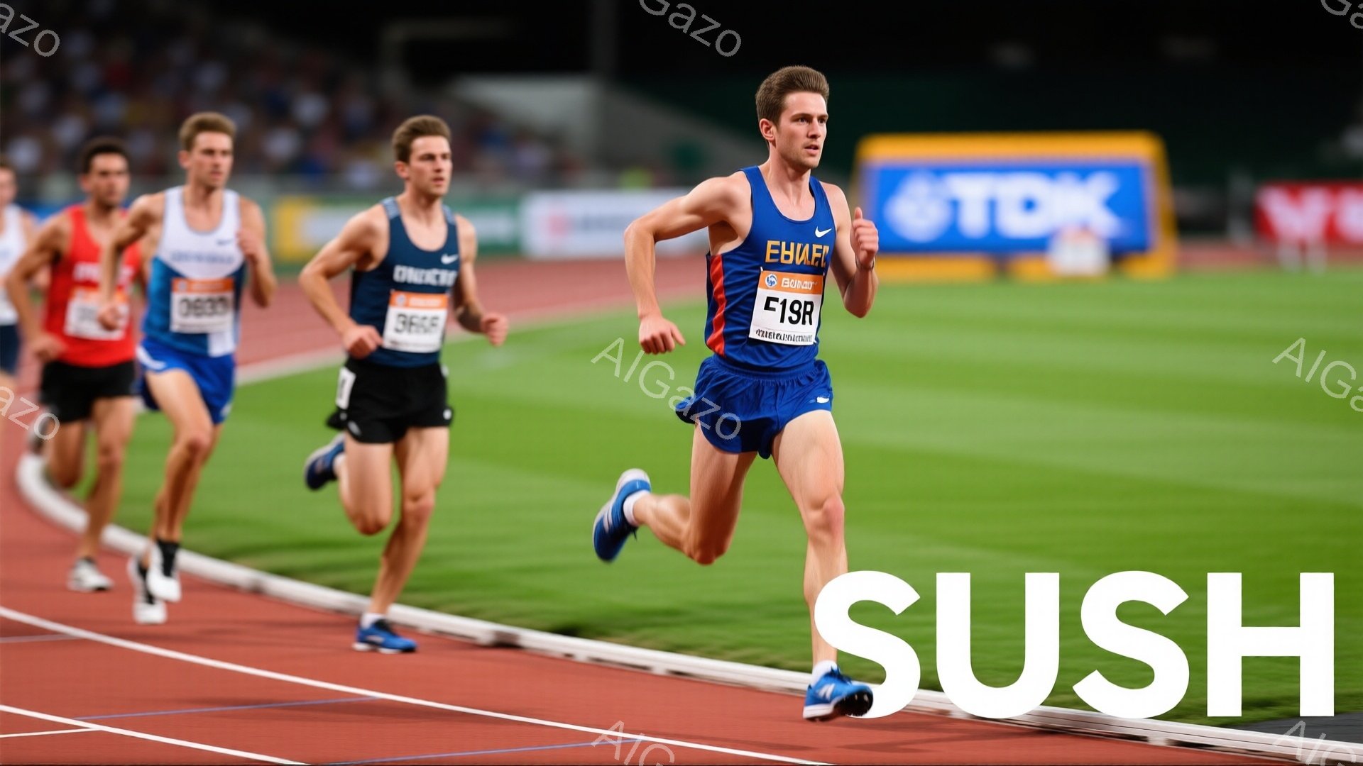 競技場を走る3人の男性ランナーが写っている。先頭のランナーは青と赤のウェアを着用し、顔には集中した表情が見られる。背景には観客席と夜空が広がり、競技場のトラックと照明が鮮明に映し出されている。