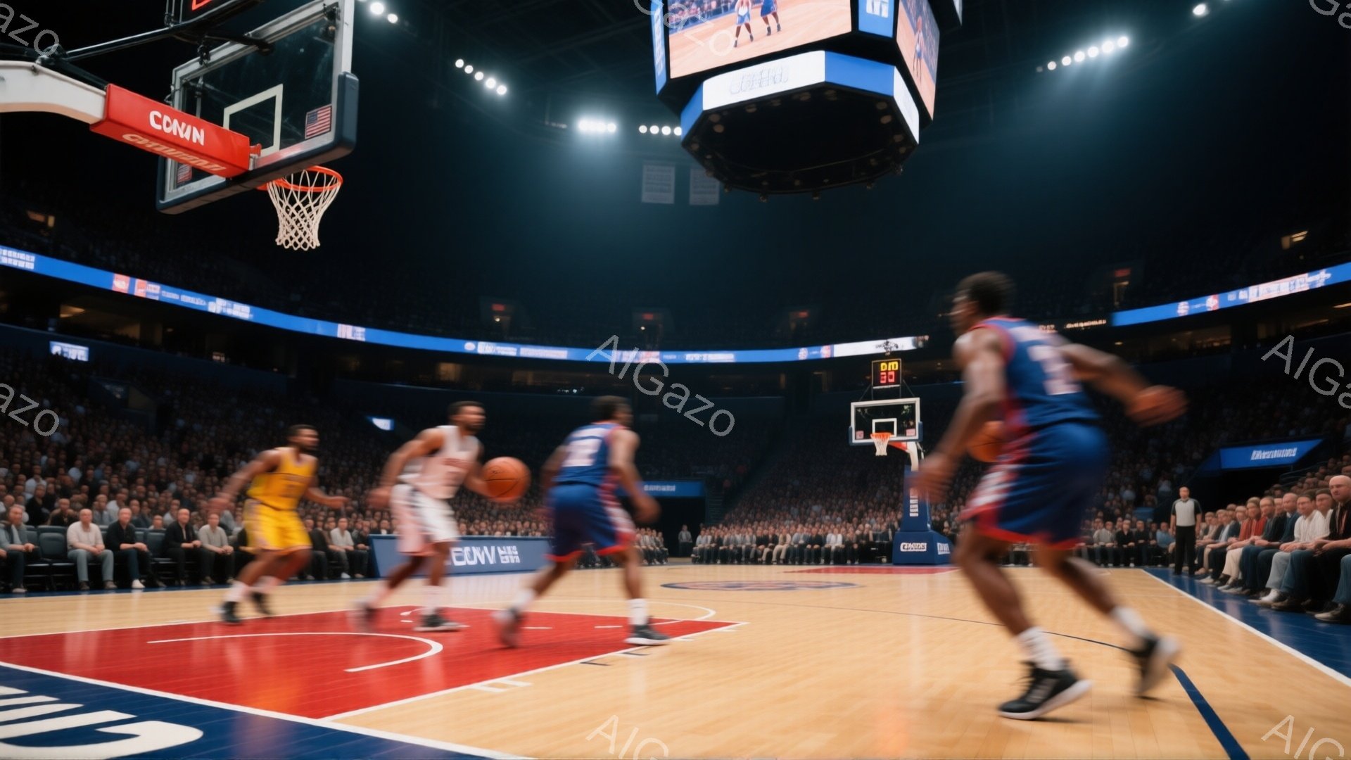 この画像は、バスケットボールの試合の様子を捉えています。コート上では、黄色いユニフォームを着た選手と、赤いユニフォームを着た複数の選手が激しい動きで競い合っており、動きの速さを示すようにぼやけています。観客席は観客で埋め尽くされ、コート上を巨大なスクリーンが囲む、熱狂的な試合の雰囲気が伝わってきます。