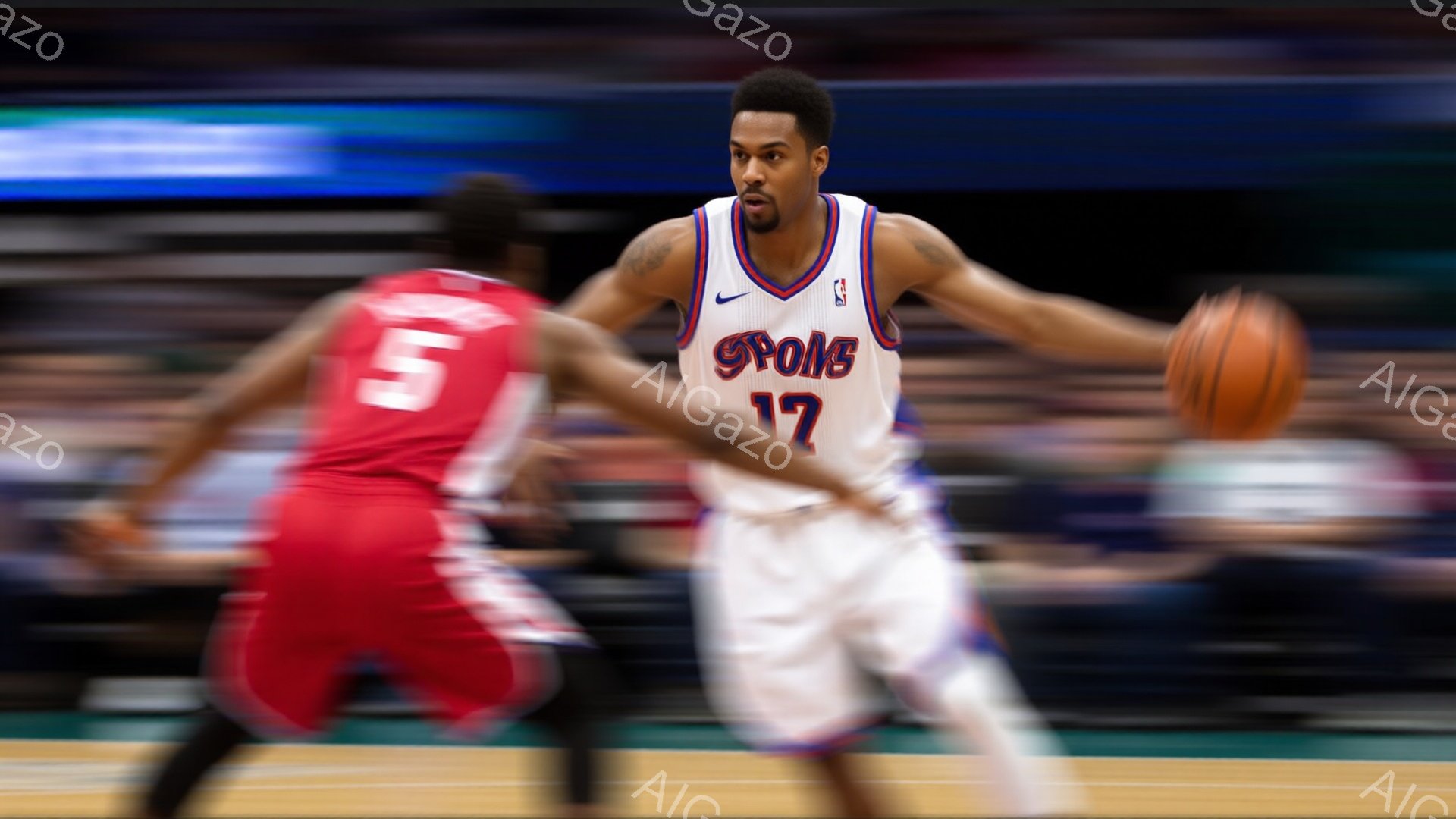 バスケットボールの試合中の様子で、白いユニフォームを着た選手がボールを持ってドリブルしている。彼のユニフォームには「POLS」と書かれており、背番号は17である。背景にはぼやけた赤いユニフォームの選手が見え、試合の動きが速さを表している。