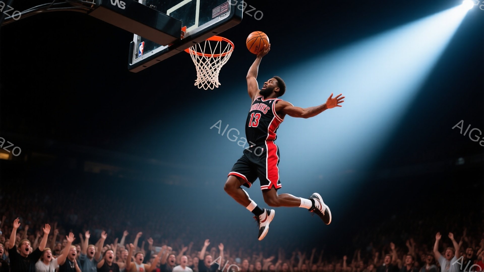 鮮やかな赤と黒のユニフォームを着たバスケットボール選手が、空中高くジャンプしてダンクシュートを狙っている。彼の姿勢は力強く、表情は集中しており、左手でボールを持ち、右手でリングに向かっている。背景には観客席が広がり、熱狂的な雰囲気が伝わってくる。