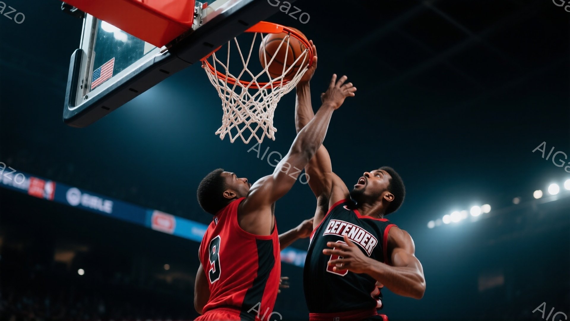 2人のバスケットボール選手がゴールに向かってジャンプしている様子が写っています。一人は赤いユニフォームで、もう一人は黒いユニフォームに「DEFENDER」と書かれており、それぞれユニフォームには背番号 - AI生成フリー素材