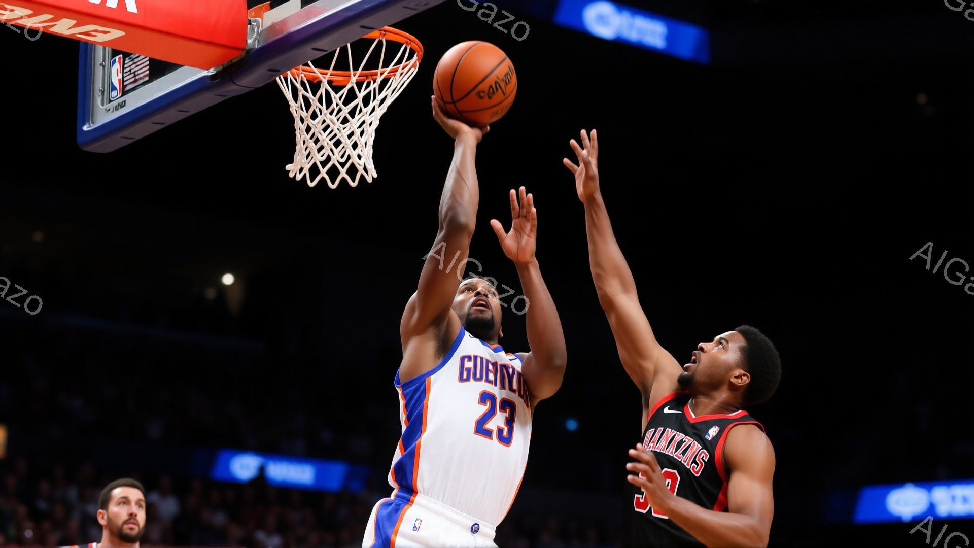 バスケの試合中の写真で、オレンジ色のユニフォームを着た選手が、高いジャンプでダンクシュートを狙っています。対戦相手の選手は赤いユニフォームを着て、彼を阻止しようとジャンプしています。背景は暗く、観客席のぼんやりとした光が見え、競技場の雰囲気を強調しています。