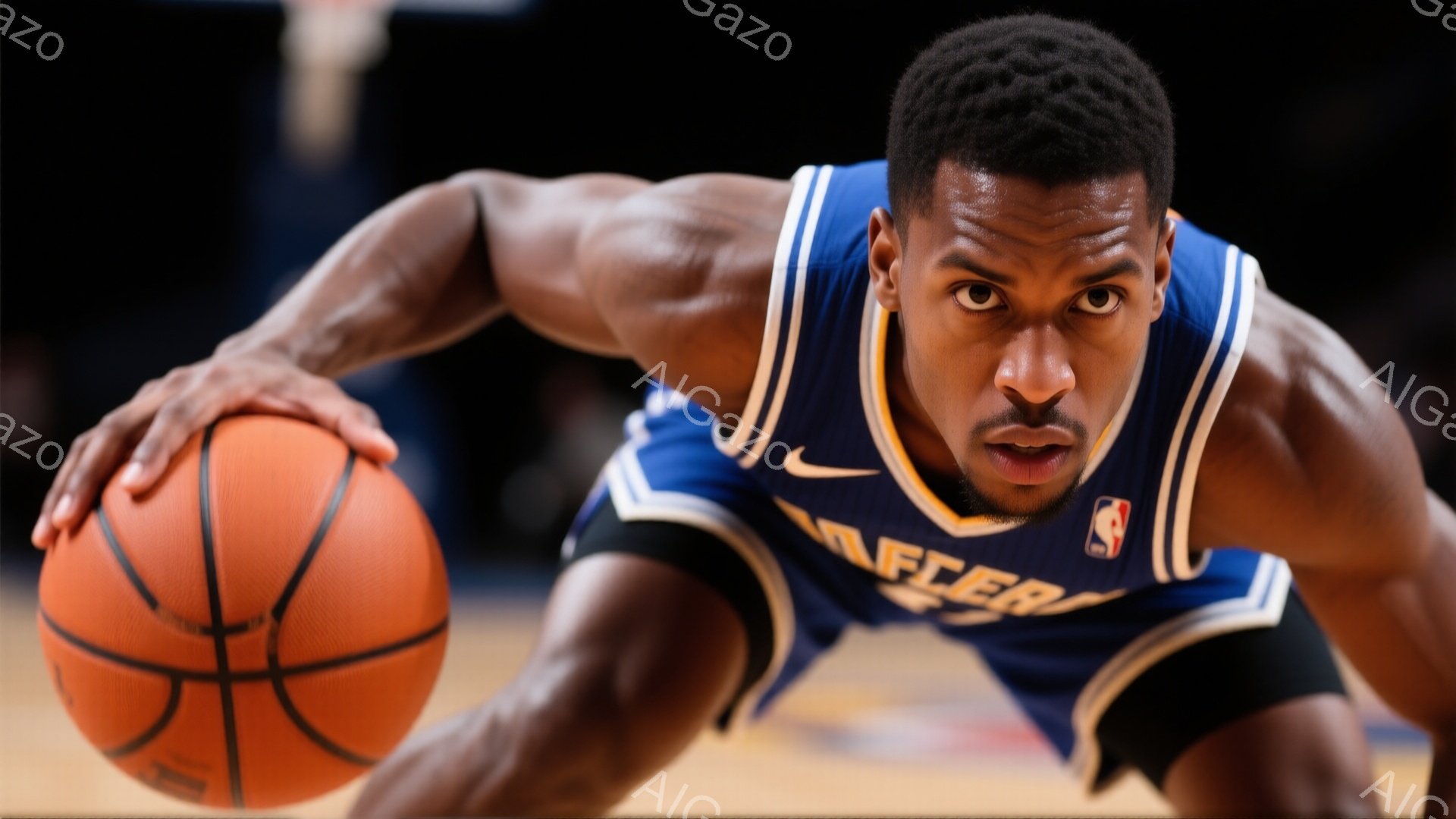 青いユニフォームを着たバスケットボール選手が、ボールを両手で構え、低い姿勢で前進している様子が捉えられています。彼の髪型は短く刈り込まれており、真剣な表情で視線をカメラに向けています。背景は暗く、コー - AI生成フリー素材