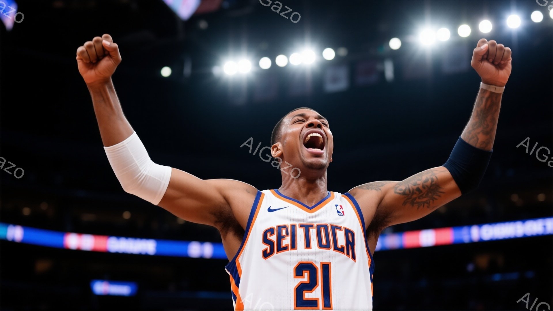 黒い背景に、バスケットボール選手がオレンジと水色のジャージを着て、両腕を高く上げて歓喜しています。彼は筋肉質で、左腕にはタトゥーがあり、表情は非常に興奮しており、口を開けて叫んでいます。会場の照明が明るく、競技場の雰囲気が伝わってきます。