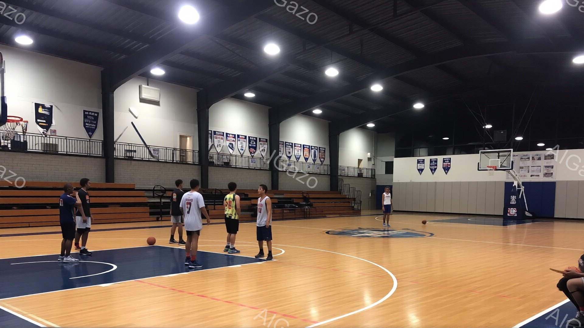 バスケコートに複数の選手が立っており、試合または練習の準備をしている様子が伺えます。選手たちはそれぞれ異なる色のユニフォームを着ており、姿勢や表情から集中していることがうかがえます。コートは木製で光沢があり、背景には観客席とバスケットボールのフラッグが並んでいます。