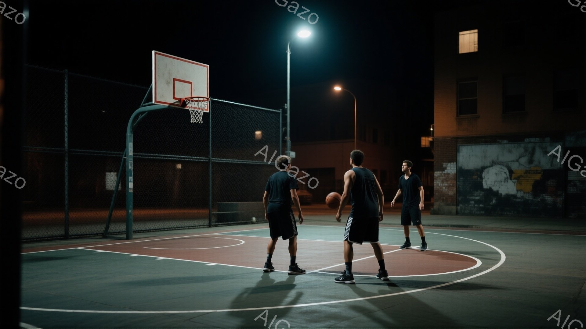舗装されたバスケットボールコートで、二人の男性が背を向けて立っており、一人がボールを持っています。彼らは黒いタンクトップと短パンを着ており、夜間の照明の下でシルエットが浮かび上がっています。背景には、古いレンガ造りの建物とフェンスがあり、暗い夜の雰囲気とコートの照明が、ドラマチックなコントラストを生み出しています。