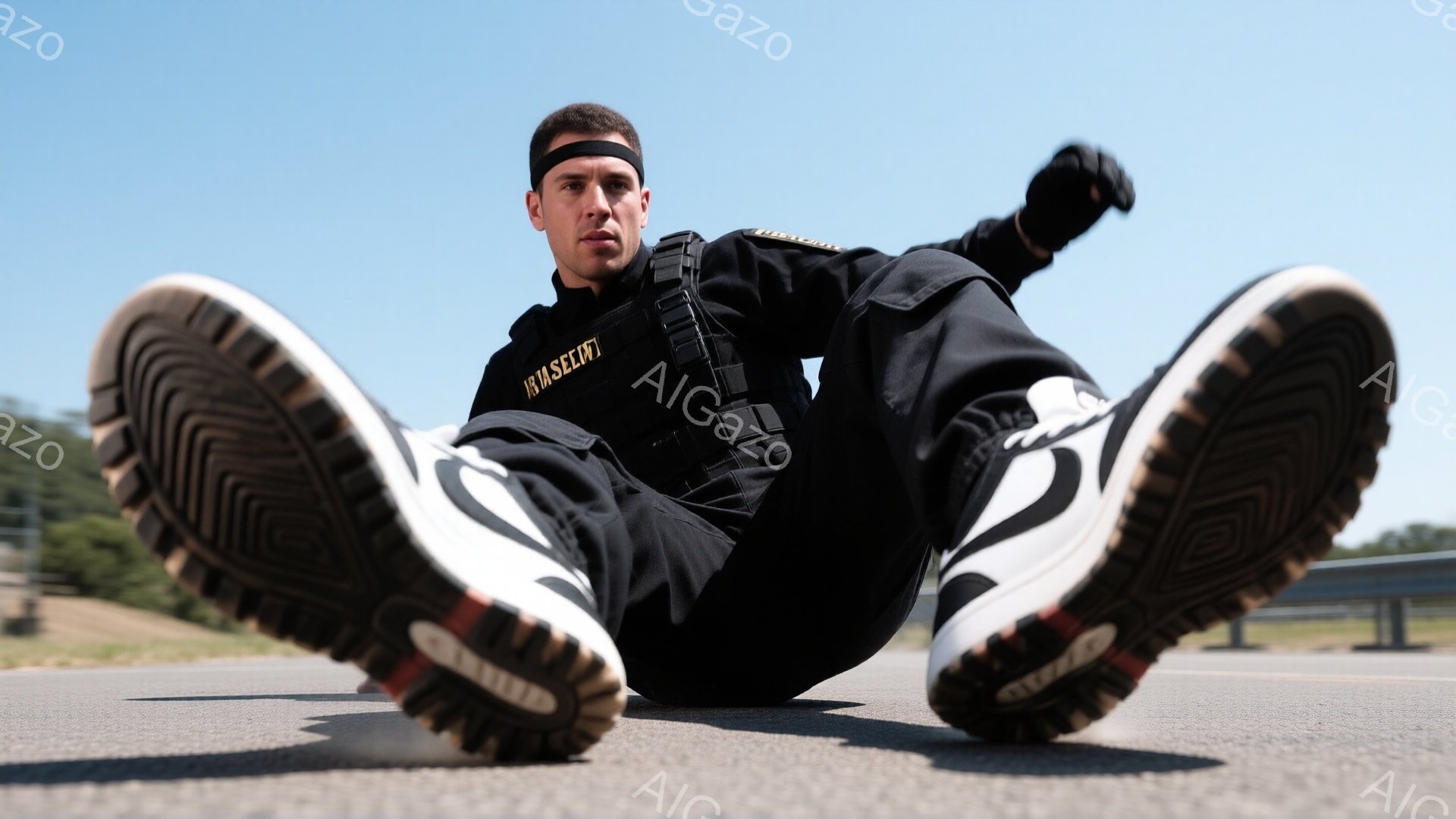 道路上に仰向けに横たわる男性が写っている。黒いタクティカルベストとズボンを着用し、頭には黒いヘッドバンドを巻いている。背景は青空と緑の木々で、晴れた日の屋外で撮影された、アクション映画のような雰囲気がある。