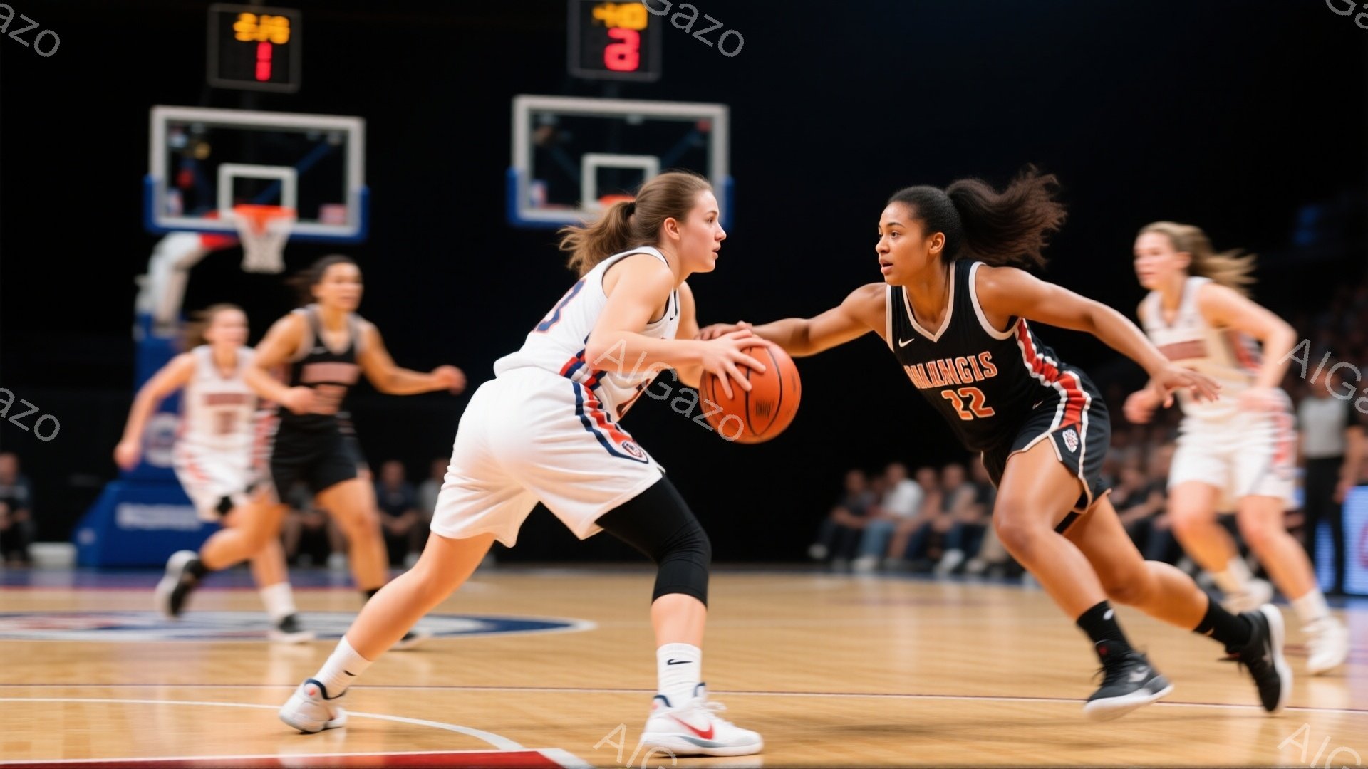 バスケットボールの試合中の様子で、一人の選手がドリブルでボールを運び、別の選手が防御している様子が捉えられています。ドリブルしている選手は黒いユニフォームに22の数字が書かれ、髪を高く結んでいます。背景には他の選手や観客席が見え、試合の熱気を感じさせます。