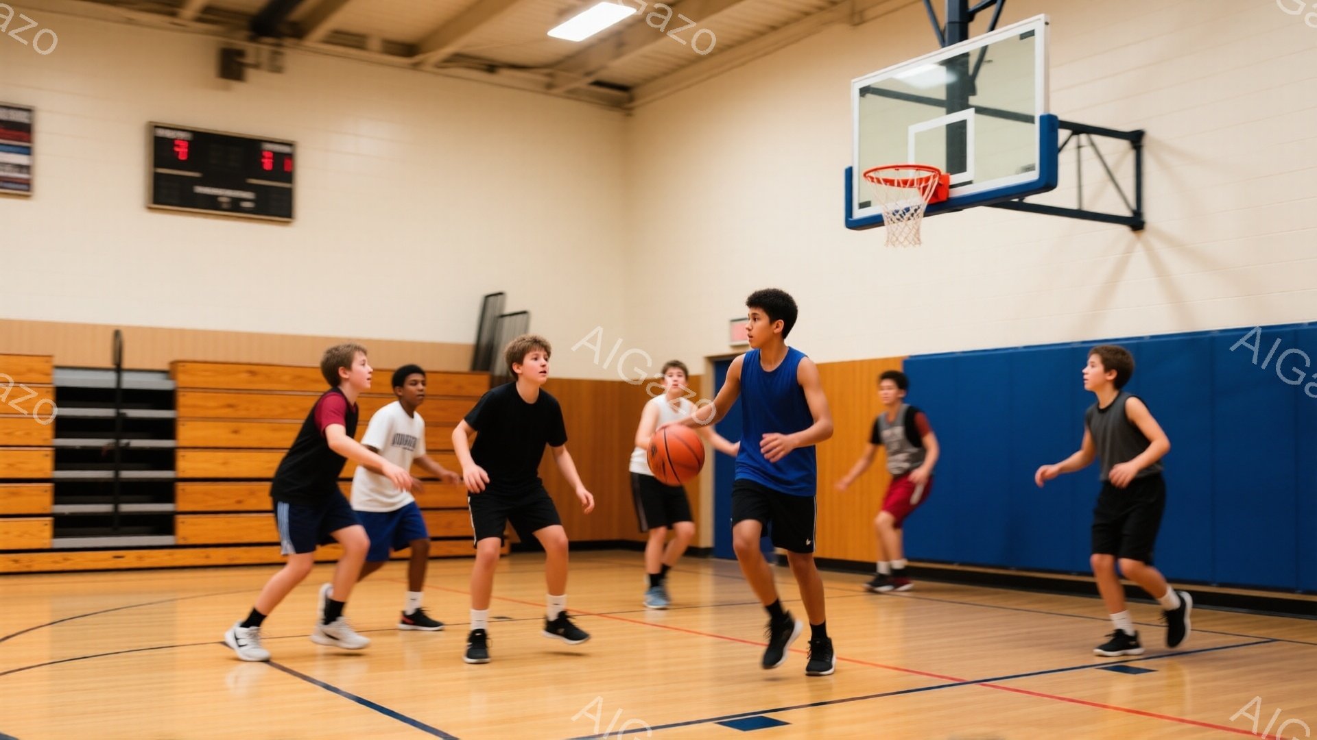 バスケットボールコートで少年たちが試合をしている様子が写っている。青いタンクトップと黒いショーツを着た少年がボールを持ってドリブルしており、他の少年たちはその周りを走りながら守っている。背景には、観客席とバスケットゴールが見え、体育館の明るい照明が全体を照らしている。