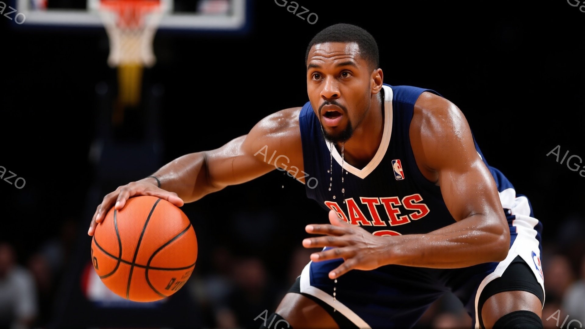 この画像には、バスケットボール選手が写っており、濃い青色のユニフォームに赤い文字の「NATES」と書かれています。彼はドリブルしながら前に身を乗り出し、集中した表情でボールを見つめています。背景は暗く、バスケットゴールとぼやけた観客席が見え、競技場の熱気を感じさせます。