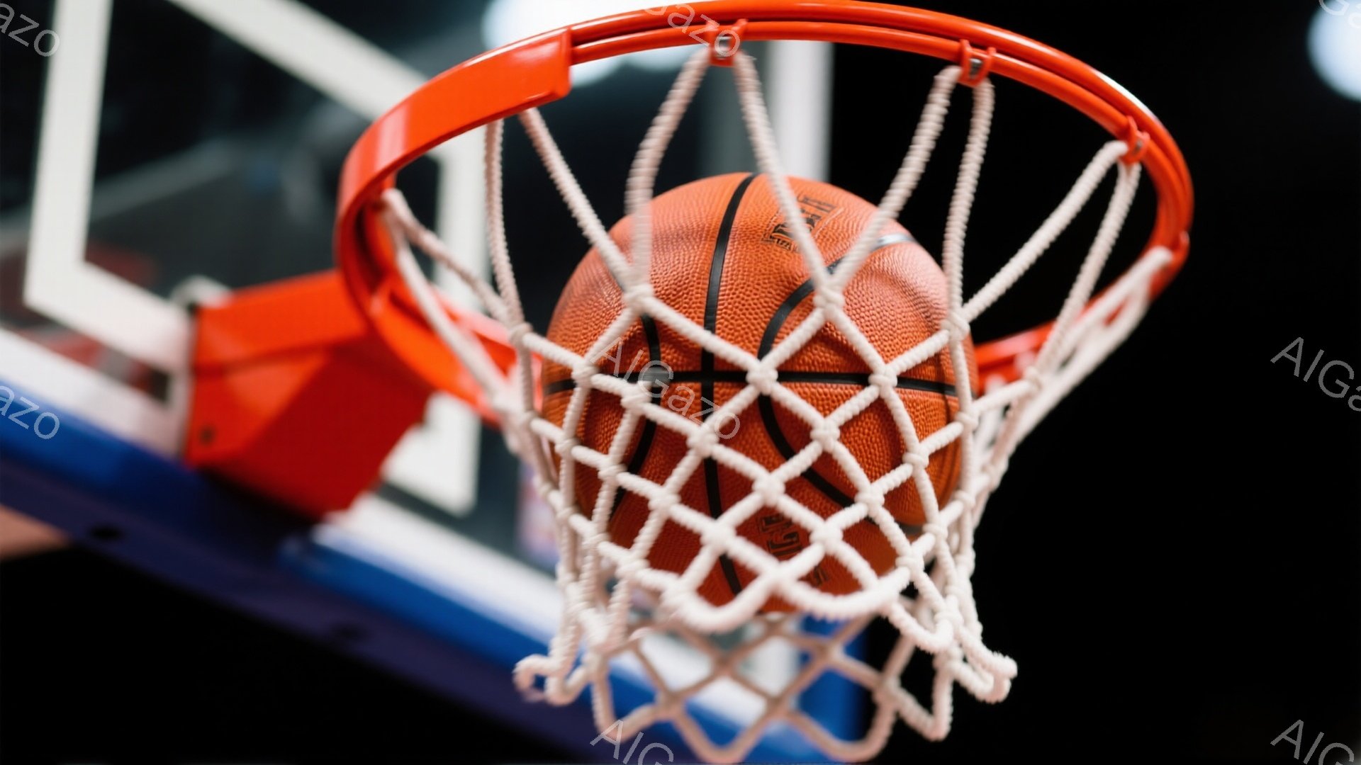 バスケットボールがオレンジ色のリングにネットを通して入ろうとしている瞬間を捉えた写真です。ネットは白く、リングは鮮やかなオレンジ色で、背景は暗くぼやけています。この画像は、バスケットボールの試合の興奮と、ボールがネットを通過する際のドラマチックな瞬間を表現しています。