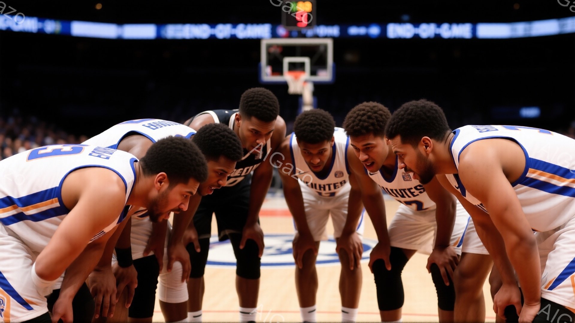 バスケの選手たちが円陣を組み、真剣な表情で互いに向かい合っている。彼らは皆、青と金色のユニフォームを着ており、短髪または刈り上げのヘアスタイルである。背景には観客席とバスケットゴールが見え、緊迫感と集 - AI生成フリー素材