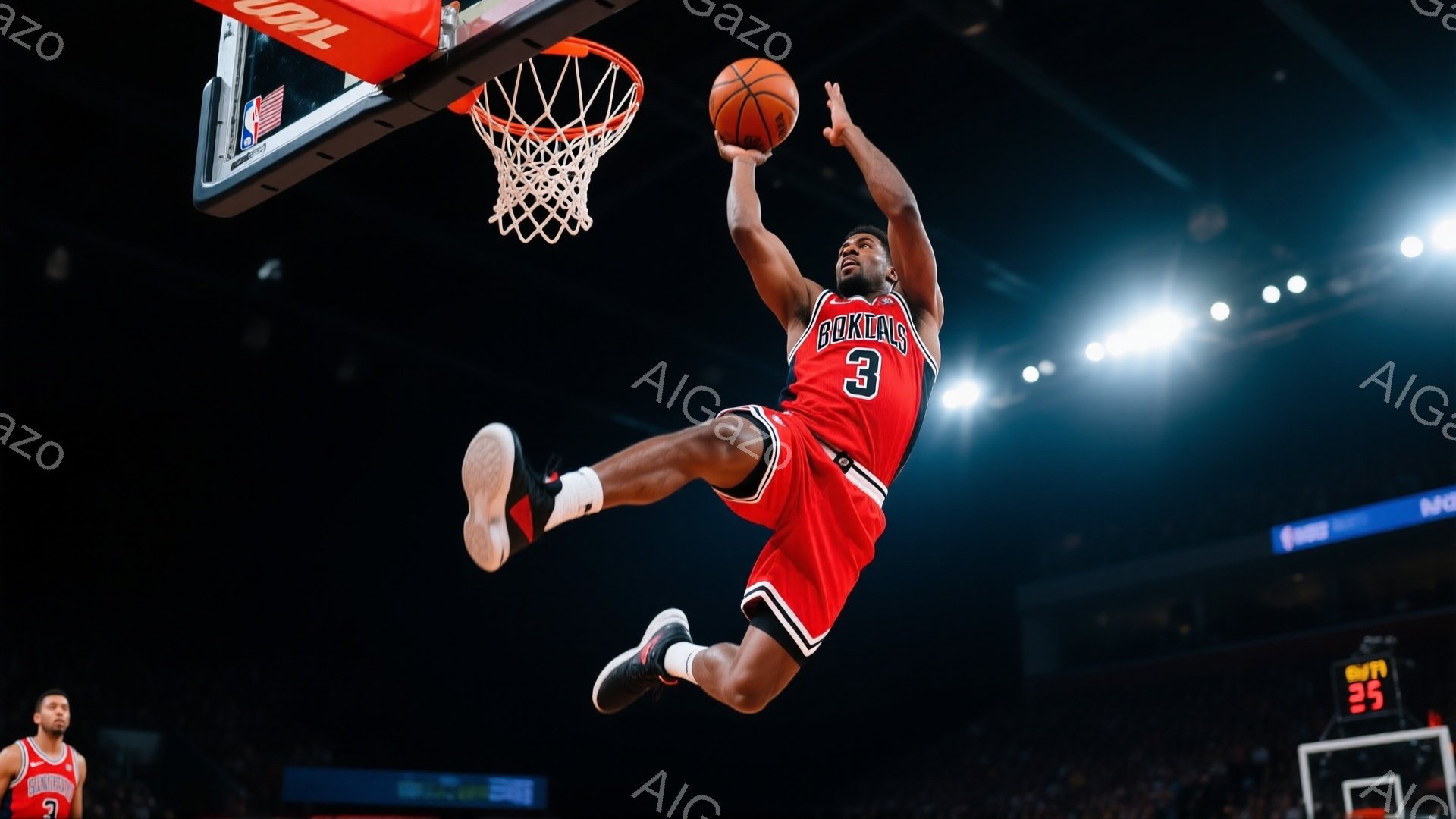 バスケ選手が空中でダンクシュートを試みている瞬間を捉えた写真です。赤いユニフォームと黒いバスケットボールシューズを身につけ、体を大きく広げてリングに向かっています。背景は暗い体育館で、観客席やスコアボ - AI生成フリー素材