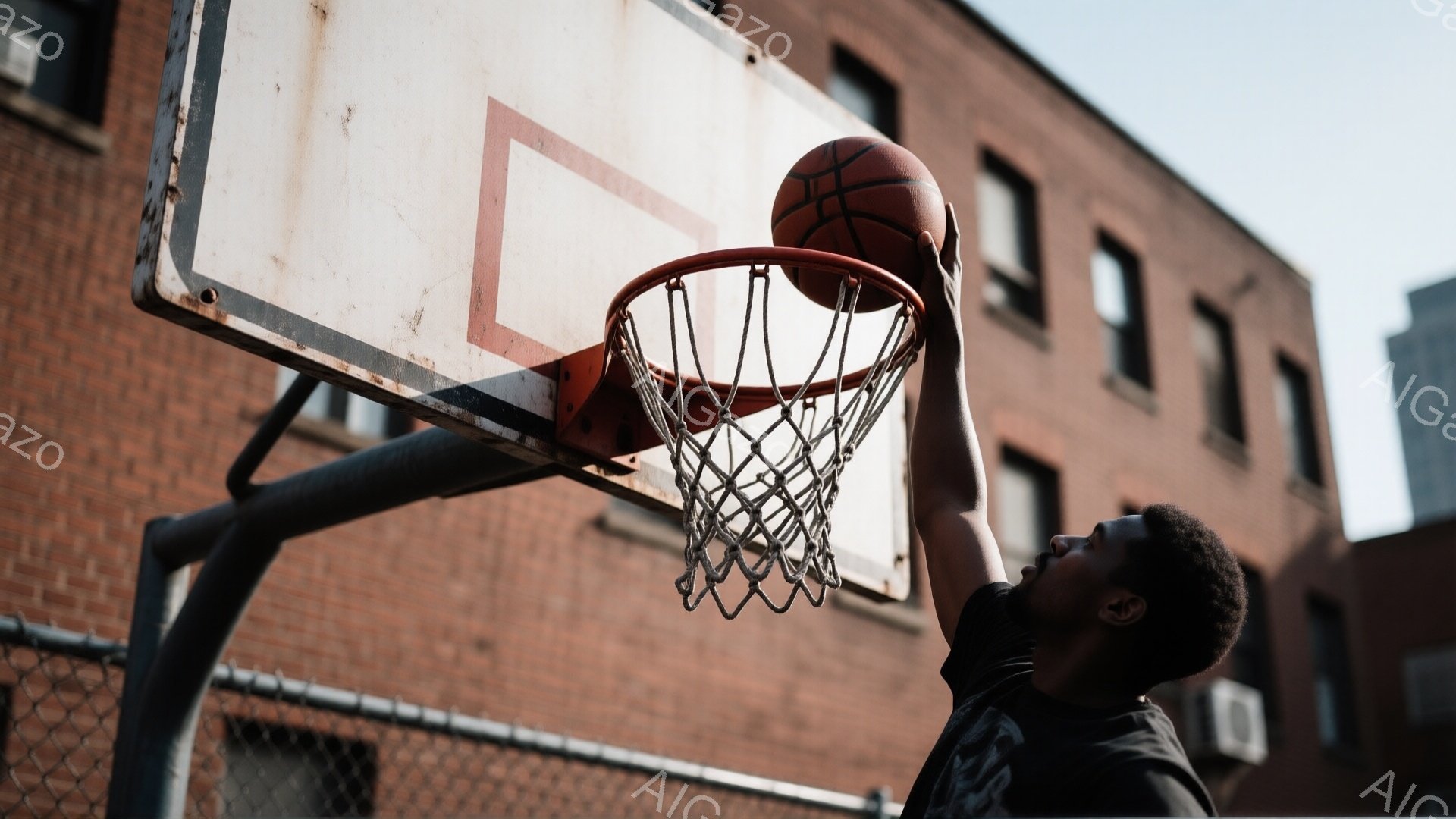 黒いヘアスタイルで、黒いTシャツを着た男性がバスケットボールのリングに向かってジャンプし、ボールをダンクしようとしています。背景には煉瓦造りの建物が立ち並び、鉄製のフェンスがバスケットボールコートを囲んでいます。全体的に、活気に満ちた都会の雰囲気で、スポーツの躍動感と力強さが伝わってきます。