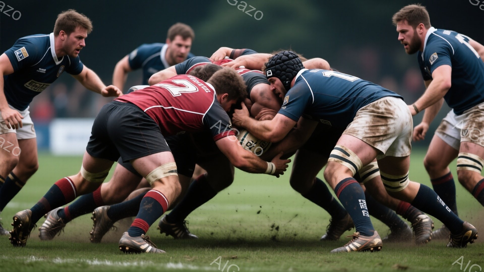 ラグビーの試合中の密集の様子が写っている。複数の選手が泥にまみれた緑の芝生の上でボールを奪い合うように密集しており、激しい肉弾戦が繰り広げられているのがわかる。選手たちは紺色と赤色のユニフォームを着用し、顔には集中と苦悶が入り混じった表情が見て取れる。