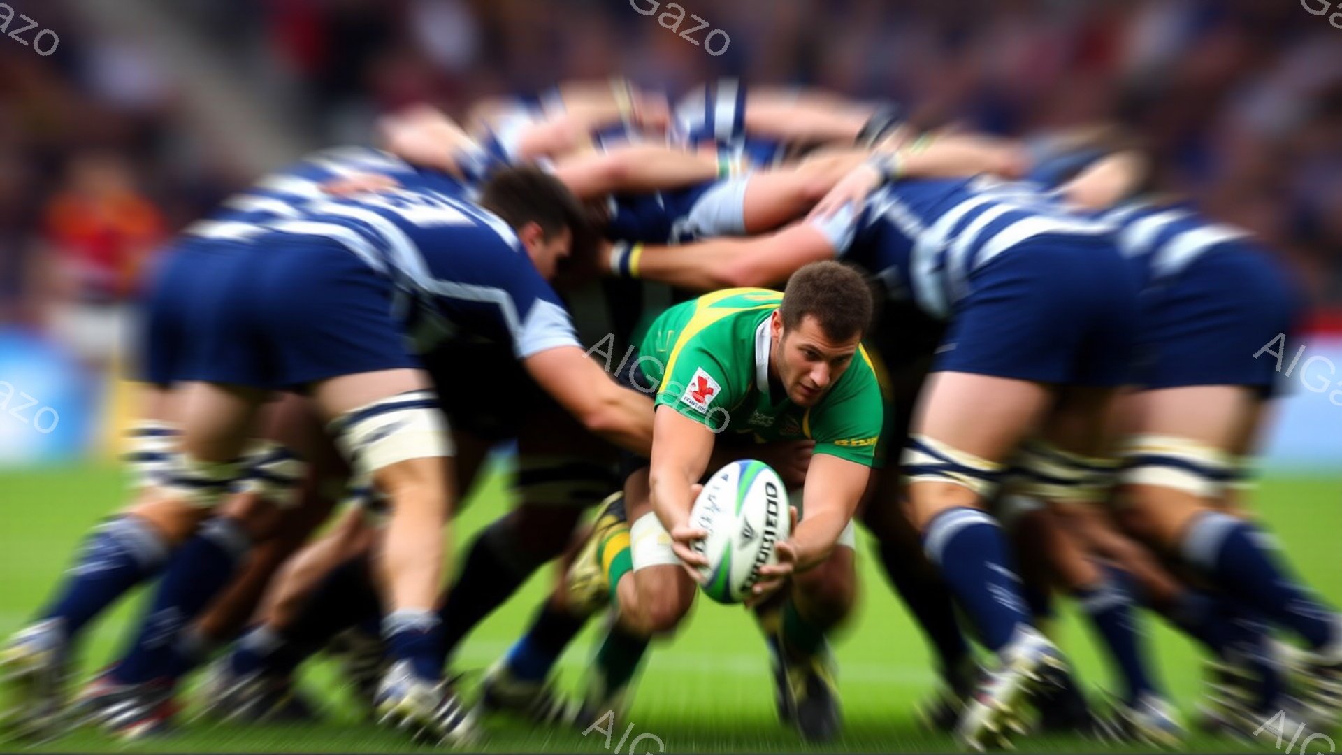 ラグビーのスクラムの様子で、緑色のジャージを着た選手がボールを抱え、他の青色のジャージを着た選手たちに囲まれている。選手たちは皆、前かがみになり、激しい競り合いをしている様子が伺える。背景は緑色の芝生 - AI生成フリー素材