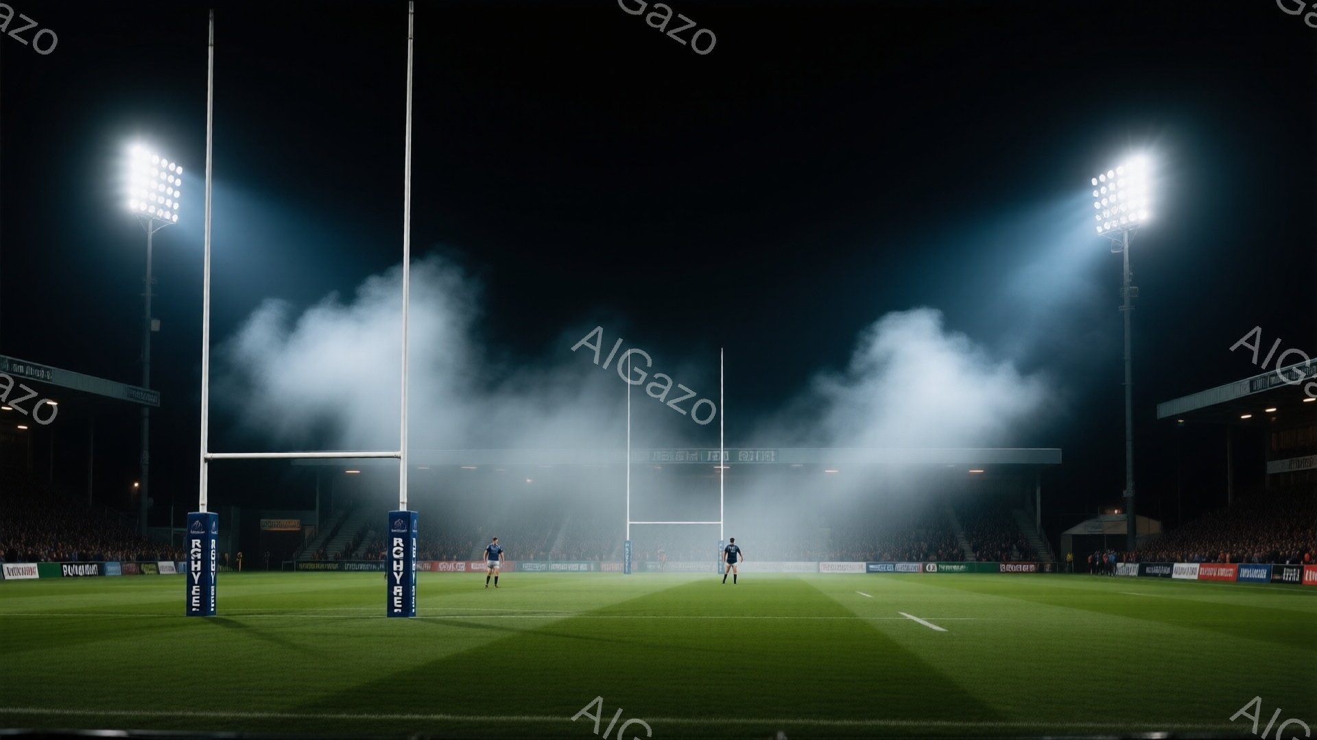 ラグビーの試合場は夜間に照らされており、フィールド中央には選手たちが立っている。彼らは黒と白のユニフォームを着ており、競技に向けて準備しているように見える。背景には観客席がぼやけ、競技場全体を明るく照らす照明塔が並んでいる様子が描かれ、競技開始前の緊張感と興奮が感じられる。