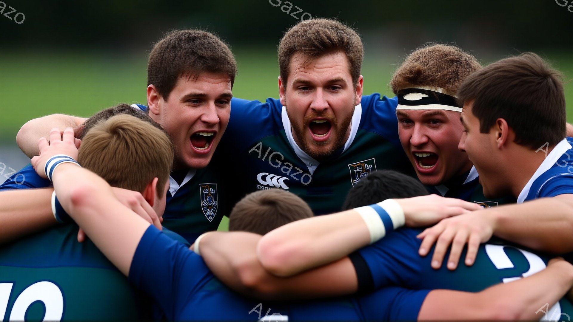 ラグビーの選手たちが、緑と青のストライプのユニフォームを着て、勝利を喜んで抱き合っています。彼らは興奮した表情で叫び、髪型は短く整えられています。背景は緑豊かな自然で、晴天の下、試合の熱気が伝わってきます。