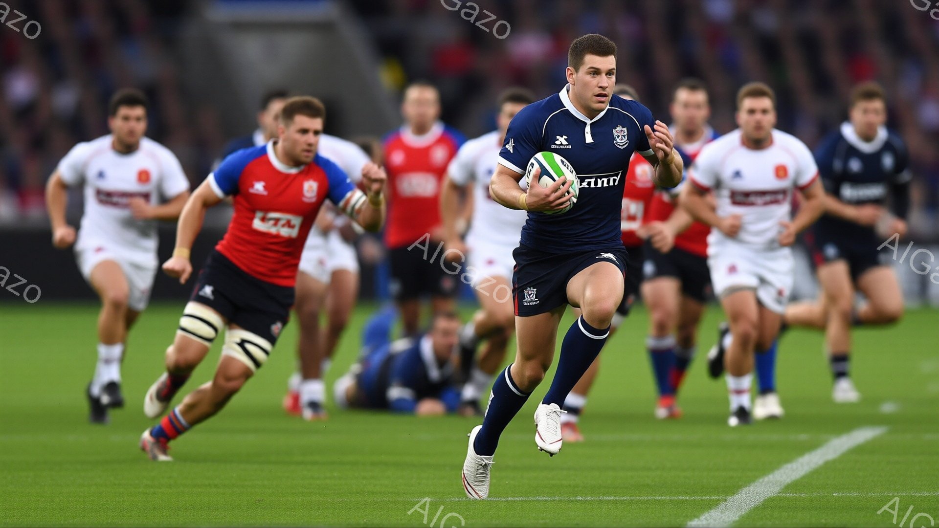紺色のラグビーウェアを着用した選手が、緑の芝生の上をボールを持って走っている。彼の表情は真剣で、他の選手たちが背景でぼやけており、試合の緊張感が伝わる。背景には観客席が見え、晴れた日の屋外競技場の雰囲 - AI生成フリー素材