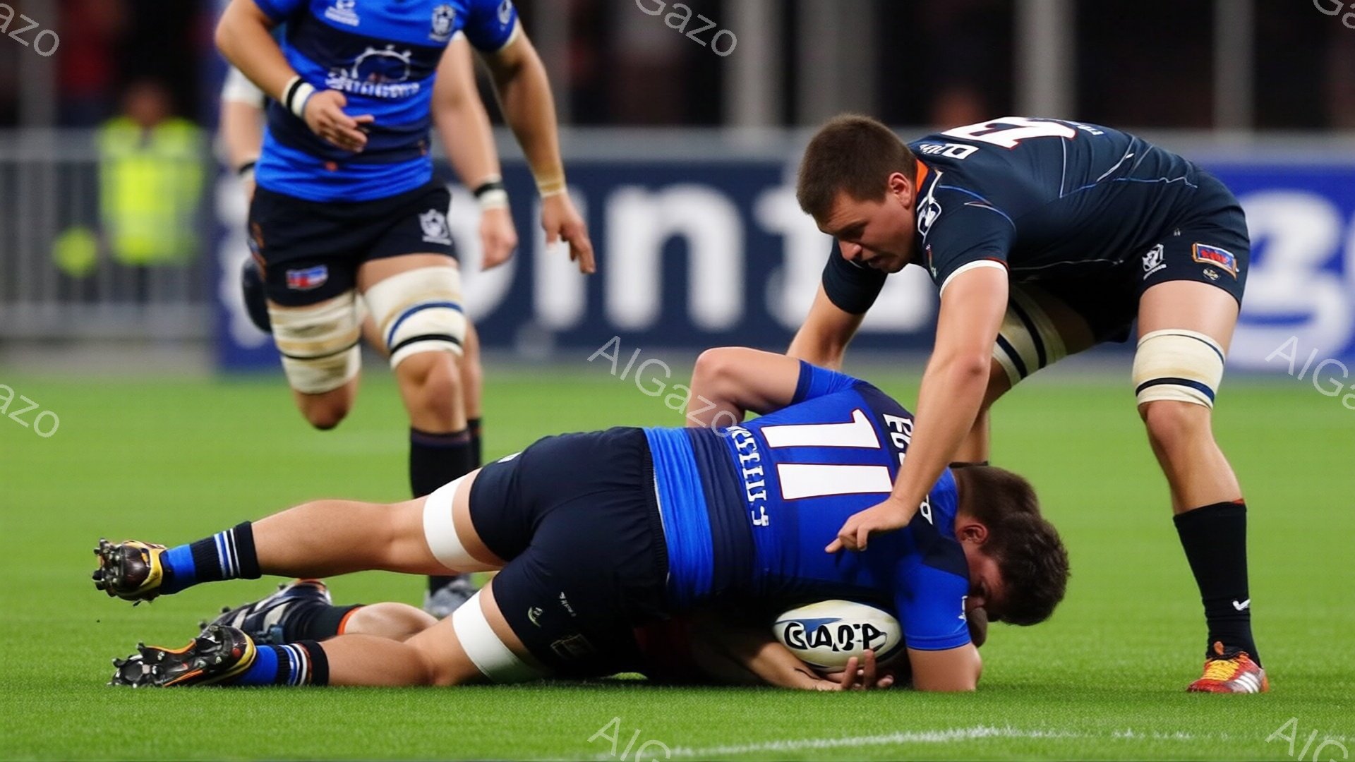 ラグビーの試合中に、青いユニフォームを着た選手が地面に倒れ、もう一人の紺色のユニフォームの選手が彼に駆け寄っています。倒れている選手は顔を地面に埋めており、紺色のユニフォームの選手は心配そうな表情で彼に声をかけているようです。背景には緑色の芝生とぼやけた観客席が見え、試合の緊迫感と選手の心情が伝わってきます。
