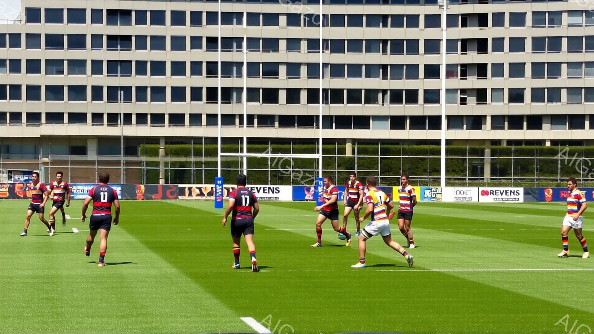 緑の芝生の上で、多くの選手たちが赤、青、白のユニフォームを着て、プレーをしている様子が写っている。彼らは皆、後ろを向いていたり、走り回ったりしており、動きのあるシーンが表現されている。背景には、白くて大きな建物がそびえ立ち、晴れた空の下、活気のある雰囲気を感じさせる。