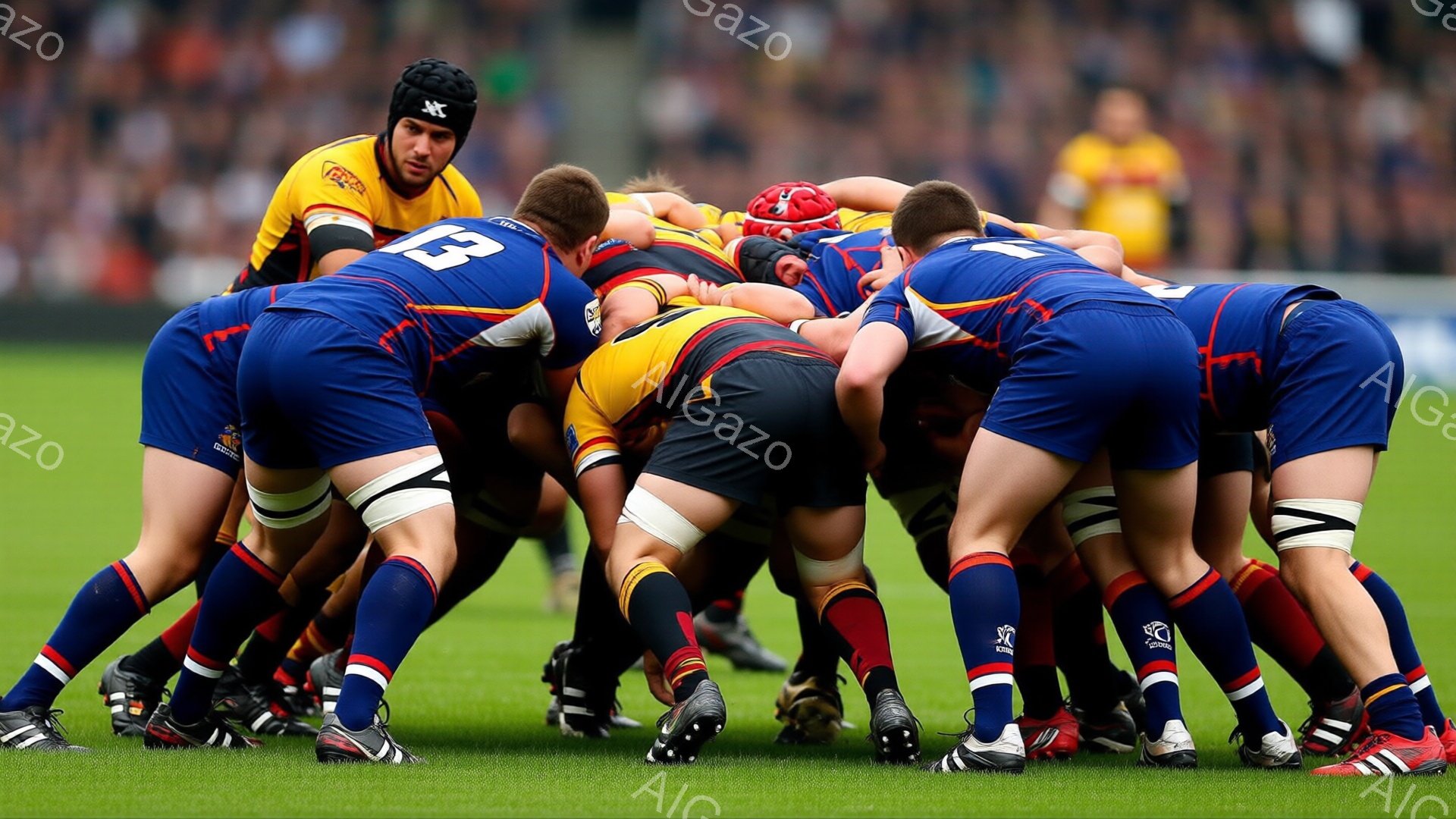 ラグビーのスクラムの様子が写っている。紺色のユニフォームと赤いソックスを着用した選手たちが密集し、互いに押し合いながらボールを奪い合っているようだ。背景には緑色の芝生とぼやけた観客席が見え、試合の激し - AI生成フリー素材
