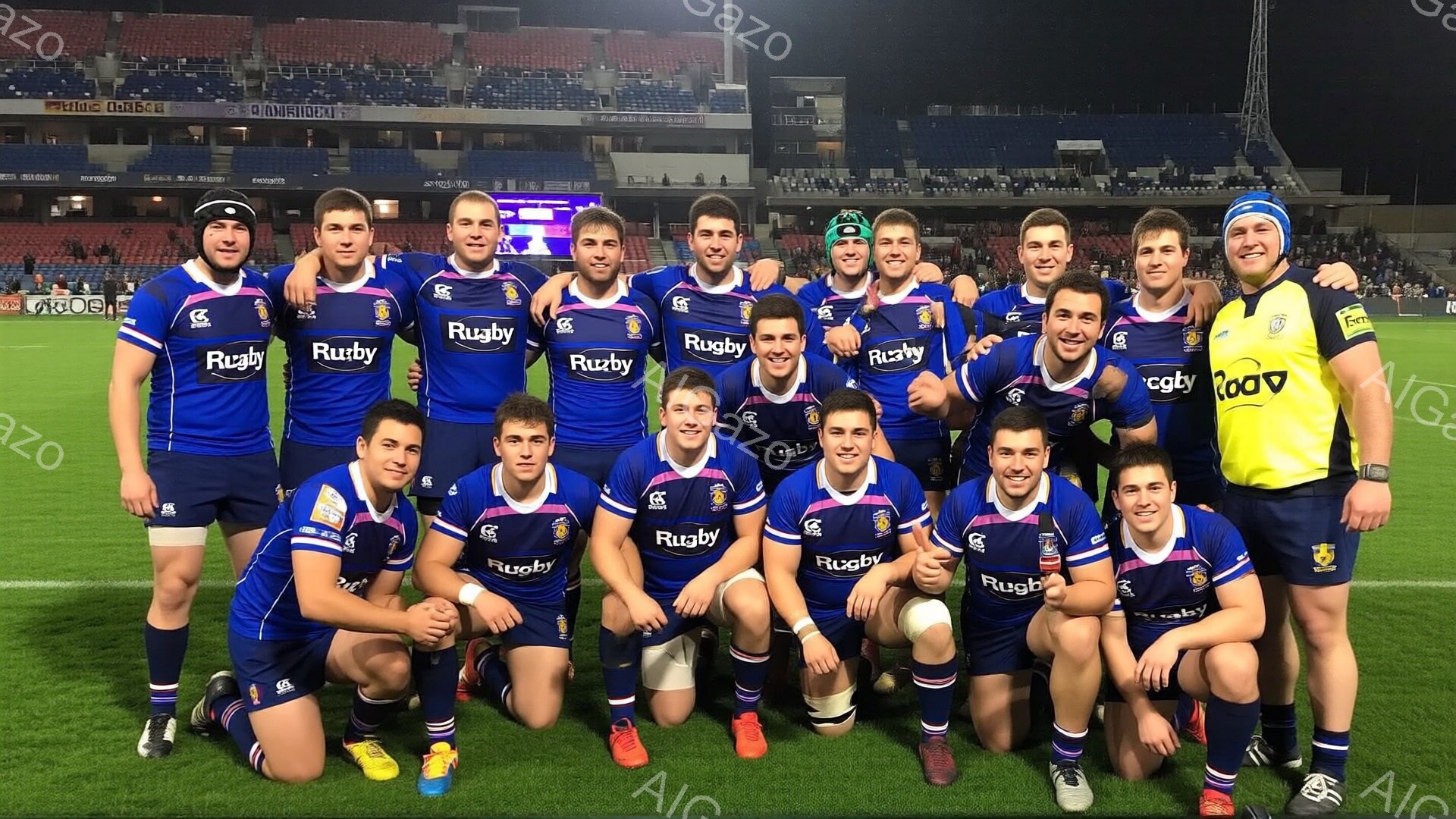 紺色のラグビーユニフォームを着た選手たちが、芝生のフィールドで肩を組んで記念撮影をしています。彼らは皆、笑顔でカメラに向かっており、チームの結束力が感じられます。背景には夜のスタジアンの観客席が見え、晴れた空が広がっています。