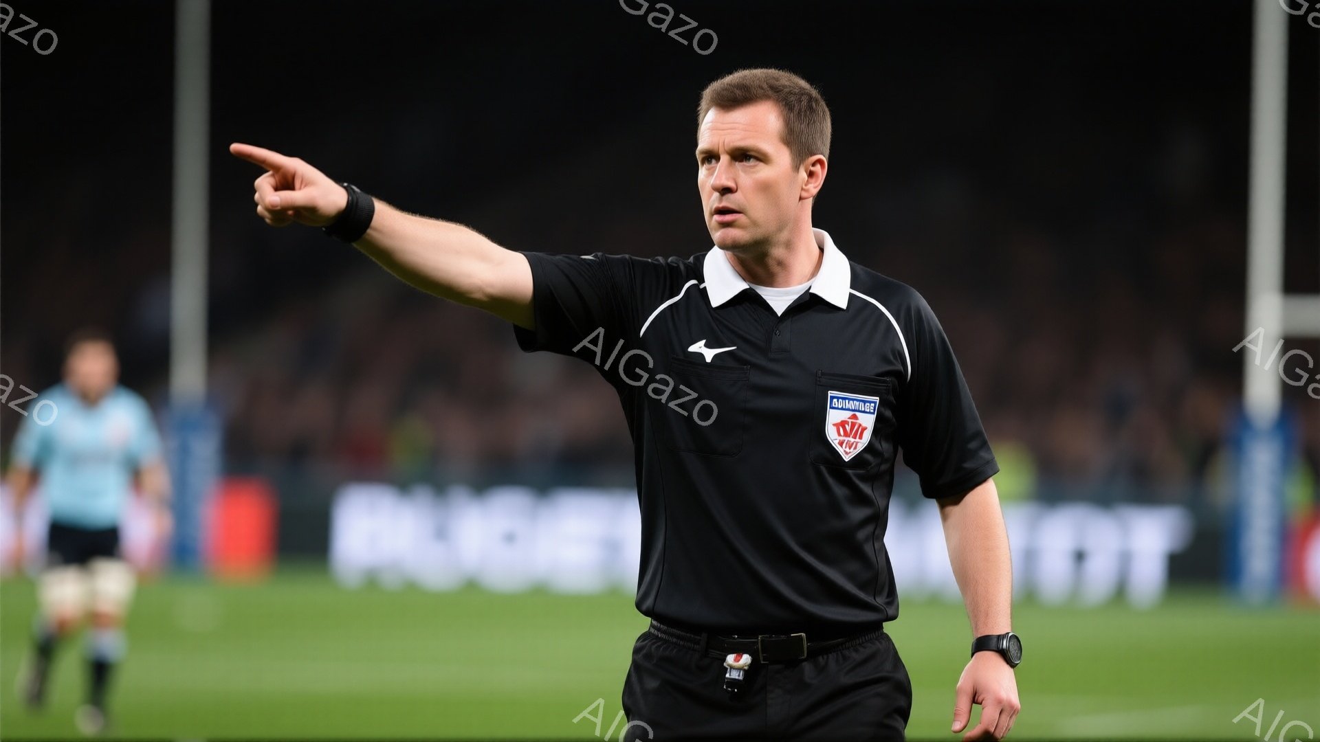 黒い制服を着た男性審判員が、腕を伸ばして右手を指し示しています。彼は短髪で、真剣な表情をしており、左腕には腕時計を着用しています。背景には緑色の芝生とぼやけた観客席が見え、試合中のスタジアムの雰囲気です。