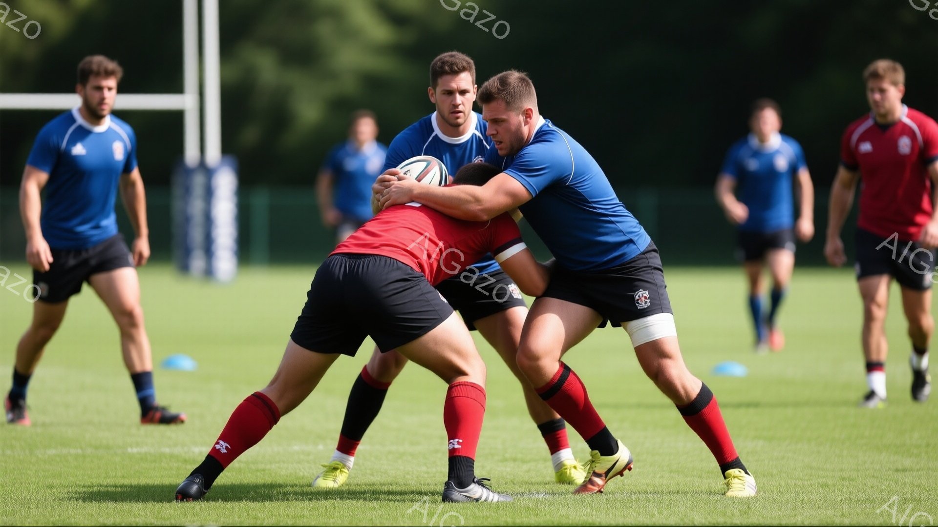 ラグビーの試合中の様子で、青いジャージと赤いショーツの選手がタックルされている。両選手とも筋肉質で、集中した表情をしている。背景には緑の芝生と、他の選手や練習用コーン、そして木々が見え、晴れた日の屋外での練習風景を表している。