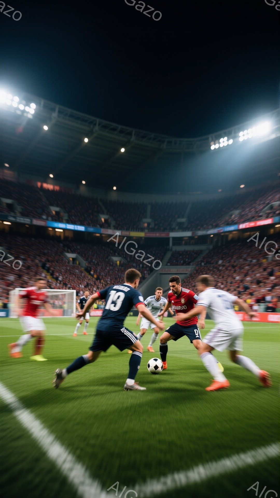 鮮やかな緑のサッカー場の中央で、複数の選手が激しいボール争奪戦を繰り広げています。赤いユニフォームを着た選手はボールを足元にキープし、相手のディフェンダーに囲まれています。背景には満員の観客席と夜空が広がり、迫力満点の試合の雰囲気が伝わってきます。