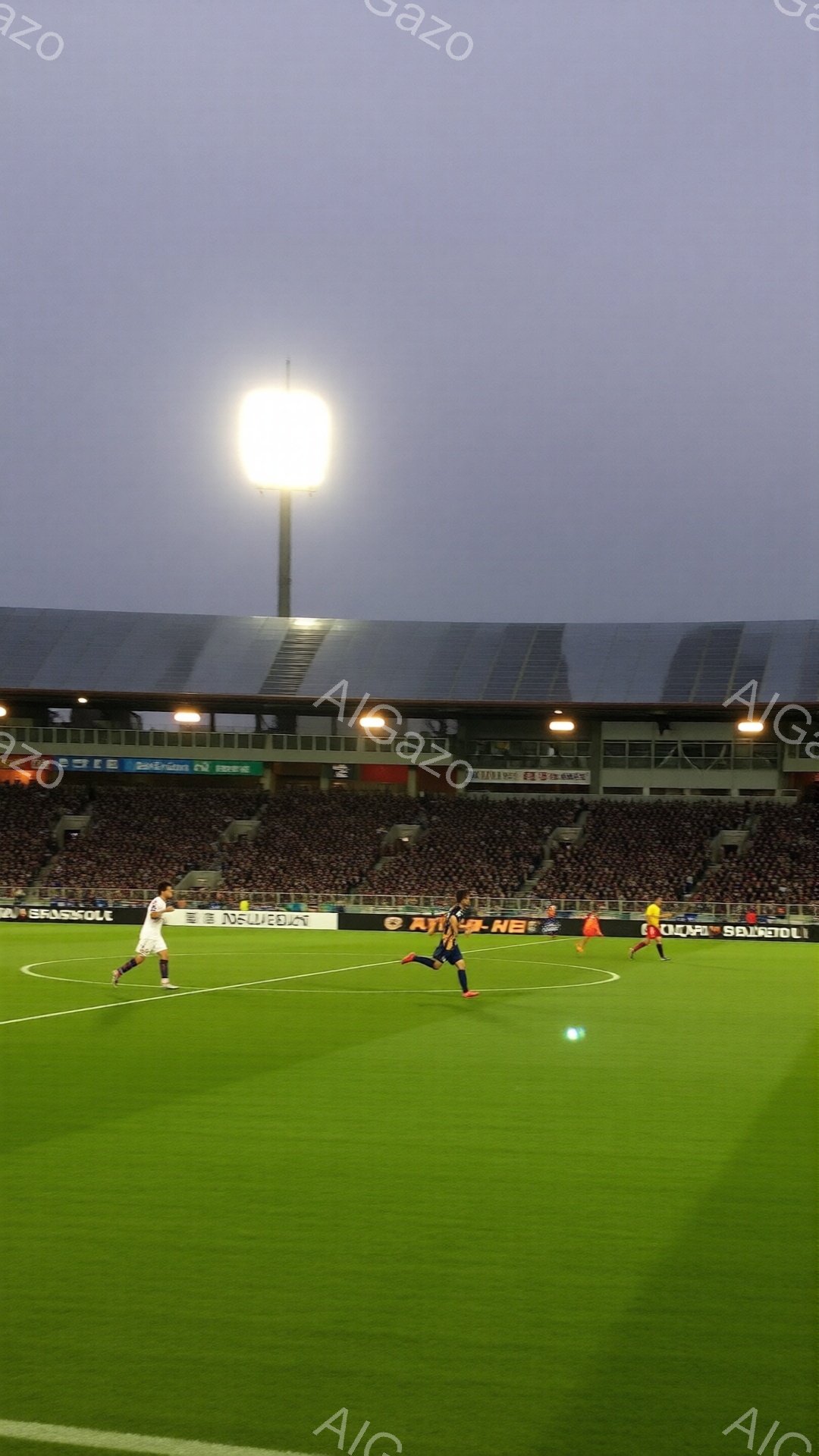 サッカーの試合中の様子で、緑色の芝生の上を選手たちが走っている。観客席には観客が座っており、背景には照明が灯ったスタジアムの建物が見える。全体的に薄暗く、雨が降った後のような雰囲気で、試合の緊張感が伝わってくる。