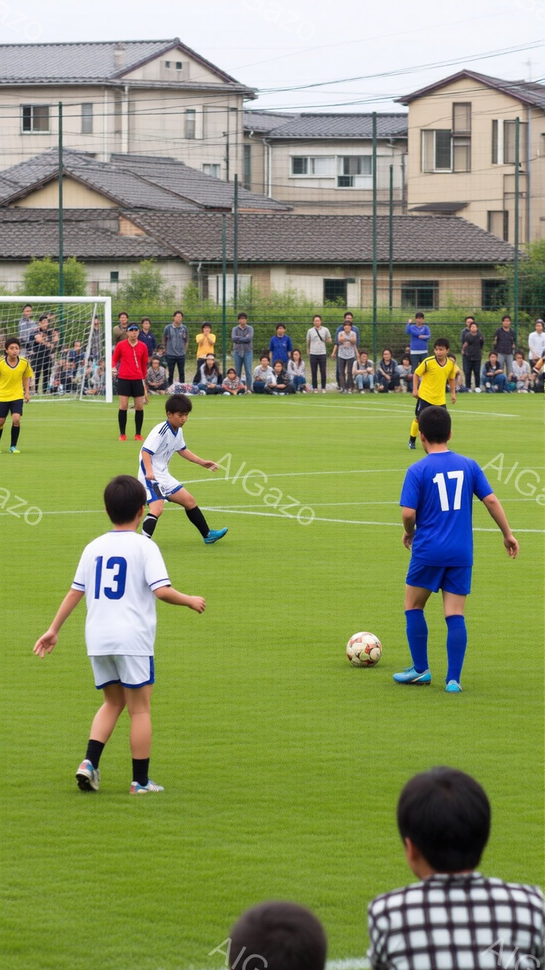 サッカーの試合が行われている様子で、一人の選手がボールを蹴り出そうとしています。青いユニフォームの選手（背番号17）はボールを見つめ、白いユニフォームの選手（背番号13）は少し後ろに下がって構えていま - AI生成フリー素材