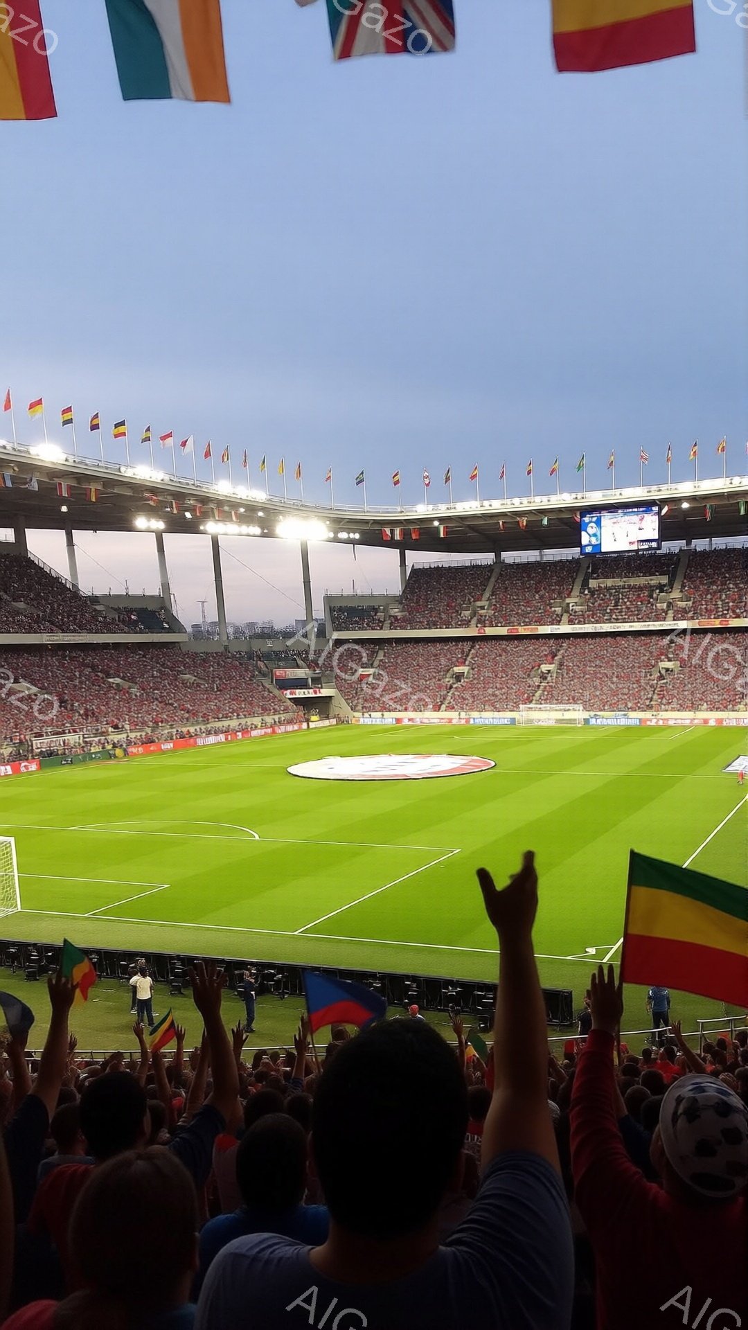サッカー競技場の中の観客席からの眺めで、緑の芝生のフィールドが広がっています。観客は様々な国の旗を掲げ、興奮した様子で試合を見守っています。空は曇り空で、競技場の照明が点灯し始め、活気のある試合の雰囲気が伝わってきます。