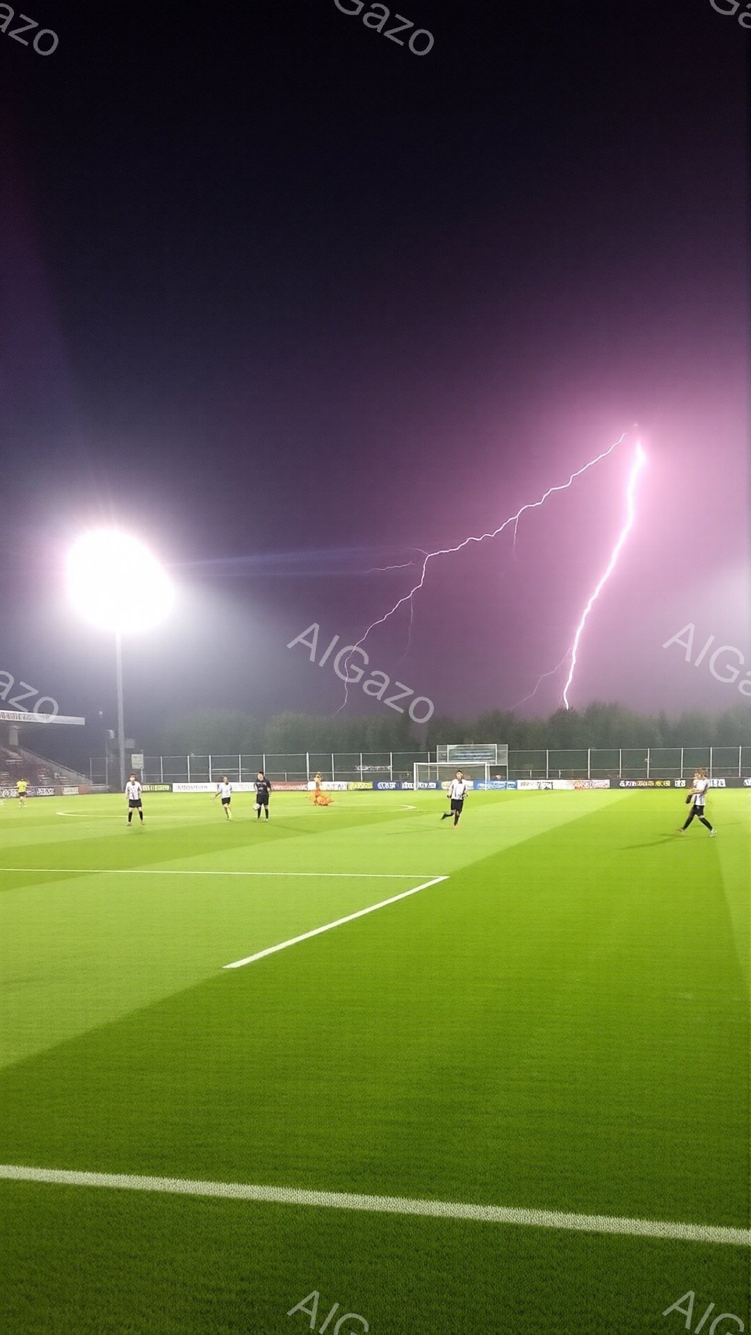 夜のサッカー場に、黒いユニフォームを着た複数の選手が立っている。彼らは皆、試合中に動きを止めたようなポーズで、一様に上を見上げている。背景には雷光が走り、暗い空と緑の芝生とのコントラストが、緊張感と壮大な雰囲気を生み出している。