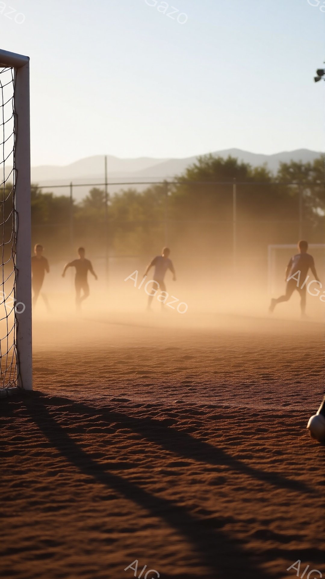 砂埃が舞う土のグラウンドで、複数の人物がゴールを向かって走っている様子が捉えられている。彼らは黒いユニフォームを着用し、シルエット状で詳細な表情や髪型は不明だが、勢いよく走り、競技に集中していることが伝わる。背景にはぼんやりとした山の稜線が見え、夕暮れ時の柔らかな光が全体を包み込み、埃っぽいグラウンドと相まって、熱気と活気に満ちた競技場の雰囲気を醸し出している。