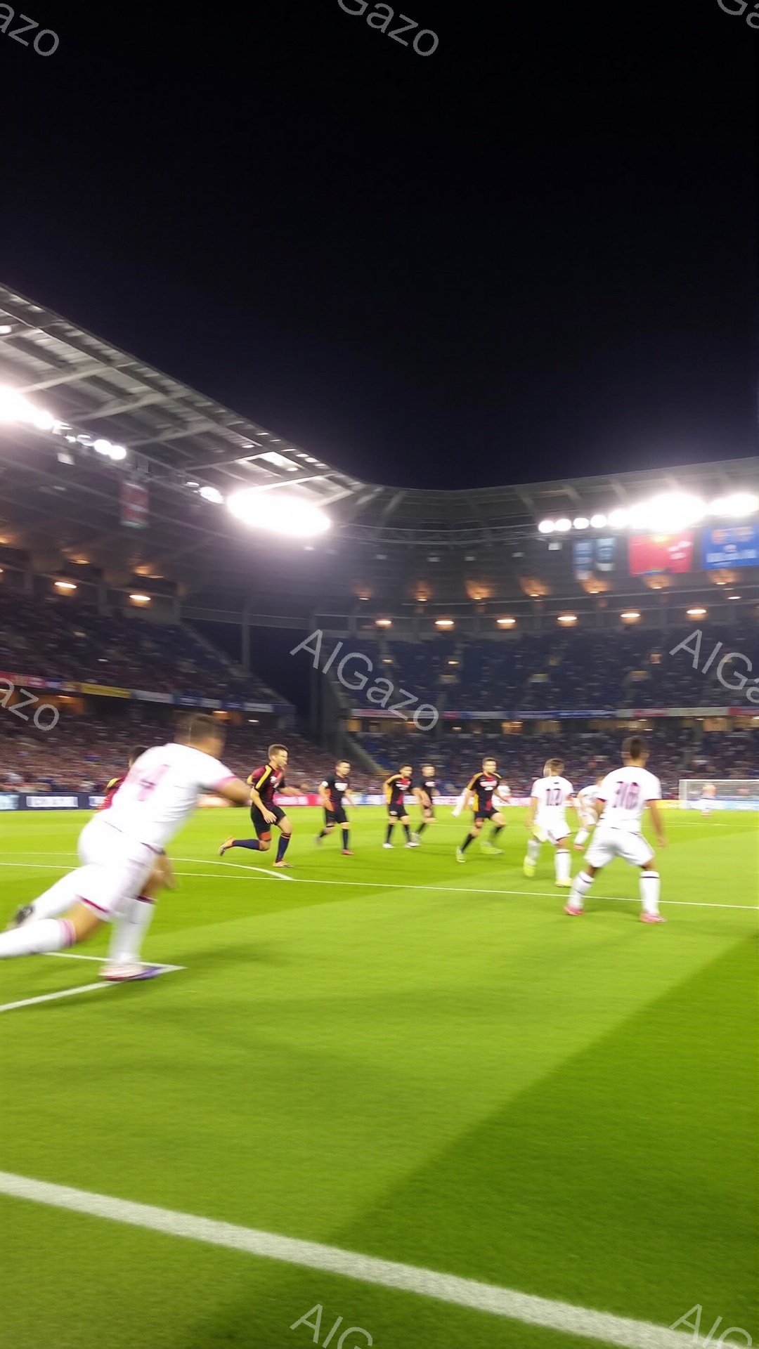 鮮やかな緑色のサッカー場を舞台に、複数の選手が試合中に動き回っている様子が捉えられています。白とオレンジ色のユニフォームを着た選手たちが、競技に集中して走っており、観客席は多くの観客で埋め尽くされています。夜間の競技場であり、照明が明るく照らし出し、活気のある競技場の雰囲気を伝えています。