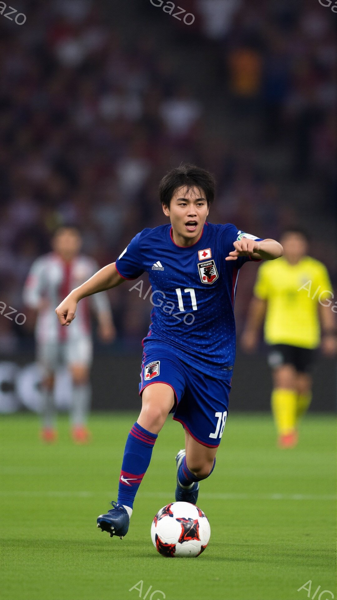 サッカーの試合中の選手の姿が写っている。紺色のユニフォームに背番号11が大きくプリントされ、黒いソックスとスパイクを履いている。選手はボールをドリブルしながら前進しており、集中した表情でプレーに臨んでいる。