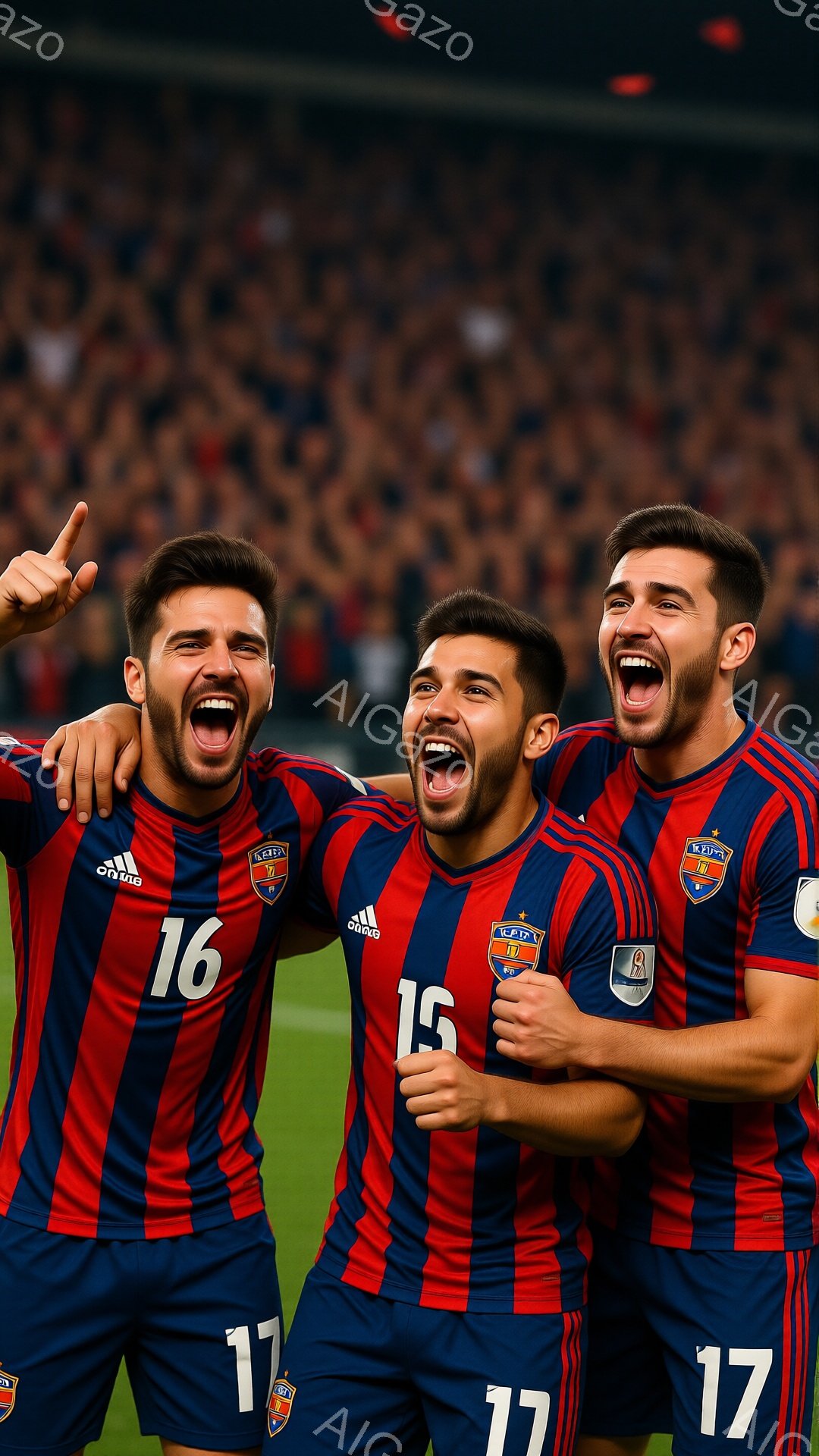 三人のサッカー選手が、赤と紺色のストライプのユニフォームを着て、喜んでいる様子が写っている。選手たちは皆、短い髪で、興奮した表情で叫び、腕を上げて勝利を祝っている。背景には観客席がぼやけて見え、スタジアムの熱狂的な雰囲気が伝わってくる。