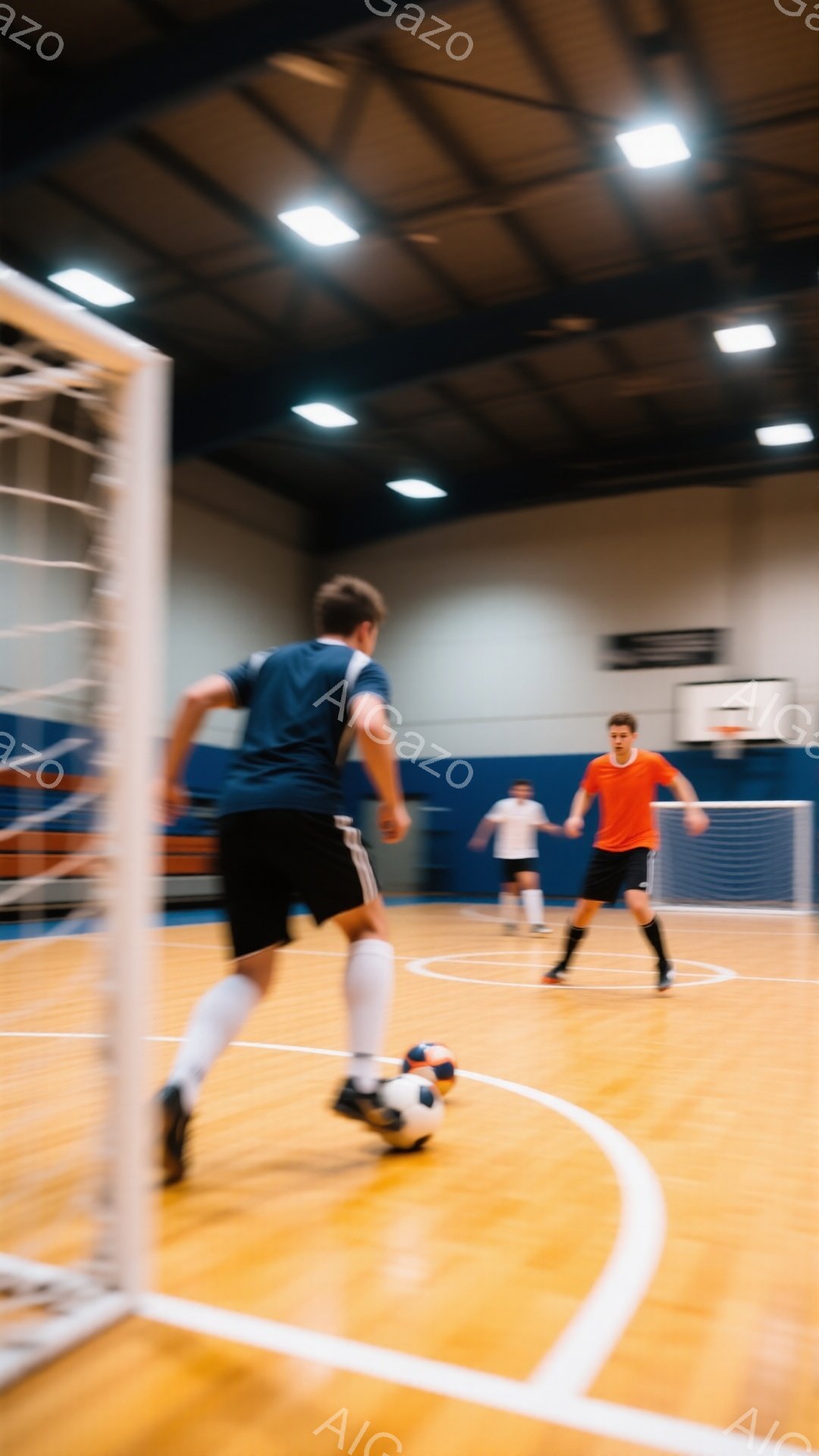 屋内フットサルコートで、青いユニフォームと黒いショーツを着用した選手がボールを蹴り出そうとしています。背景には、オレンジ色のユニフォームを着た別の選手がわずかに見え、コートの白いラインとネットが引き込まれています。全体的に活気があり、運動競技の瞬間を捉えた写真です。