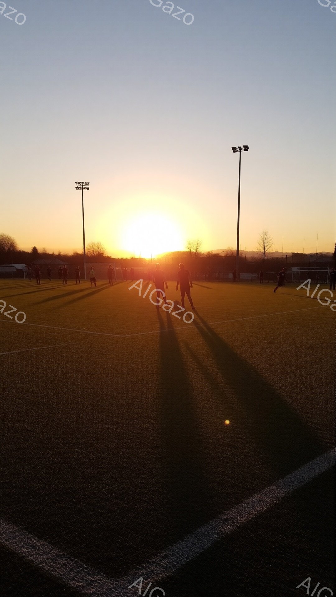 人工芝のサッカー場には、夕日に照らされた人影が何人か見え、シルエット状になっているため、服装や表情の詳細は不明である。背景には、木々が連なり、遠くには山々が薄く見える夕焼け空が広がっている。全体的に、夕暮れ時の静かで、少し寂しげな雰囲気が漂っている。