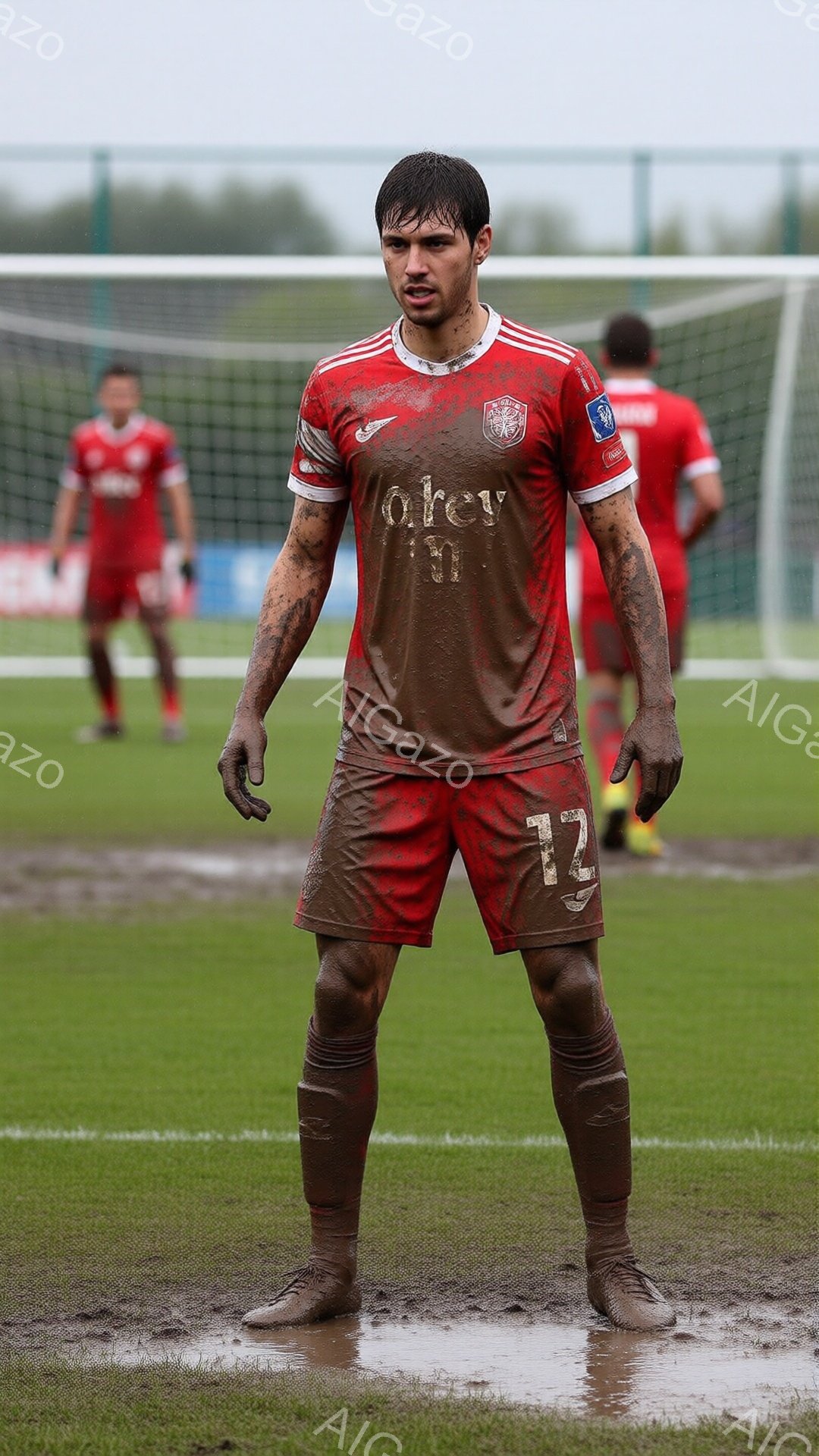 泥だらけのサッカー選手が、緑の芝生の上に立っている。赤色のユニフォームと短パンを着ており、顔と腕には泥がこびりついている。背景には他の選手と緑のフェンスが見え、雨上がりの曇り空の下で、試合後の疲労と泥にまみれた様子が伝わってくる。