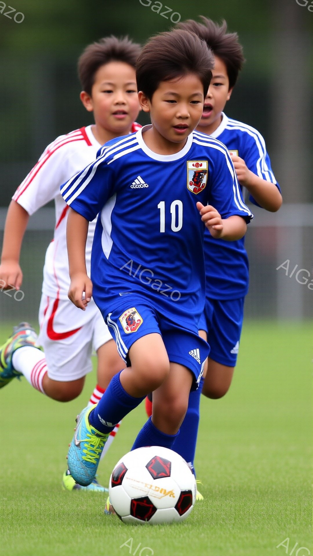 この画像には、青いサッカーユニフォームを着た少年が写っています。少年はボールをドリブルしながら走り、集中した表情をしています。背景には、緑の芝生とぼやけた赤いユニフォームの少年たちがおり、晴天の下でのサッカーの試合の様子が伺えます。