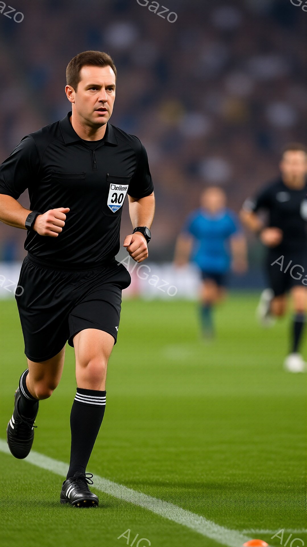 サッカーの審判員と思われる男性が、緑の芝生の上を走っている。黒いシャツ、黒いショートパンツ、黒いソックス、黒いシューズというフルブラックのユニフォームを着用し、左腕には白い番号「30」の入ったリストバンドを付けている。背景にはぼやけた観客席が見え、競技場の夜間の試合の雰囲気を感じさせる。