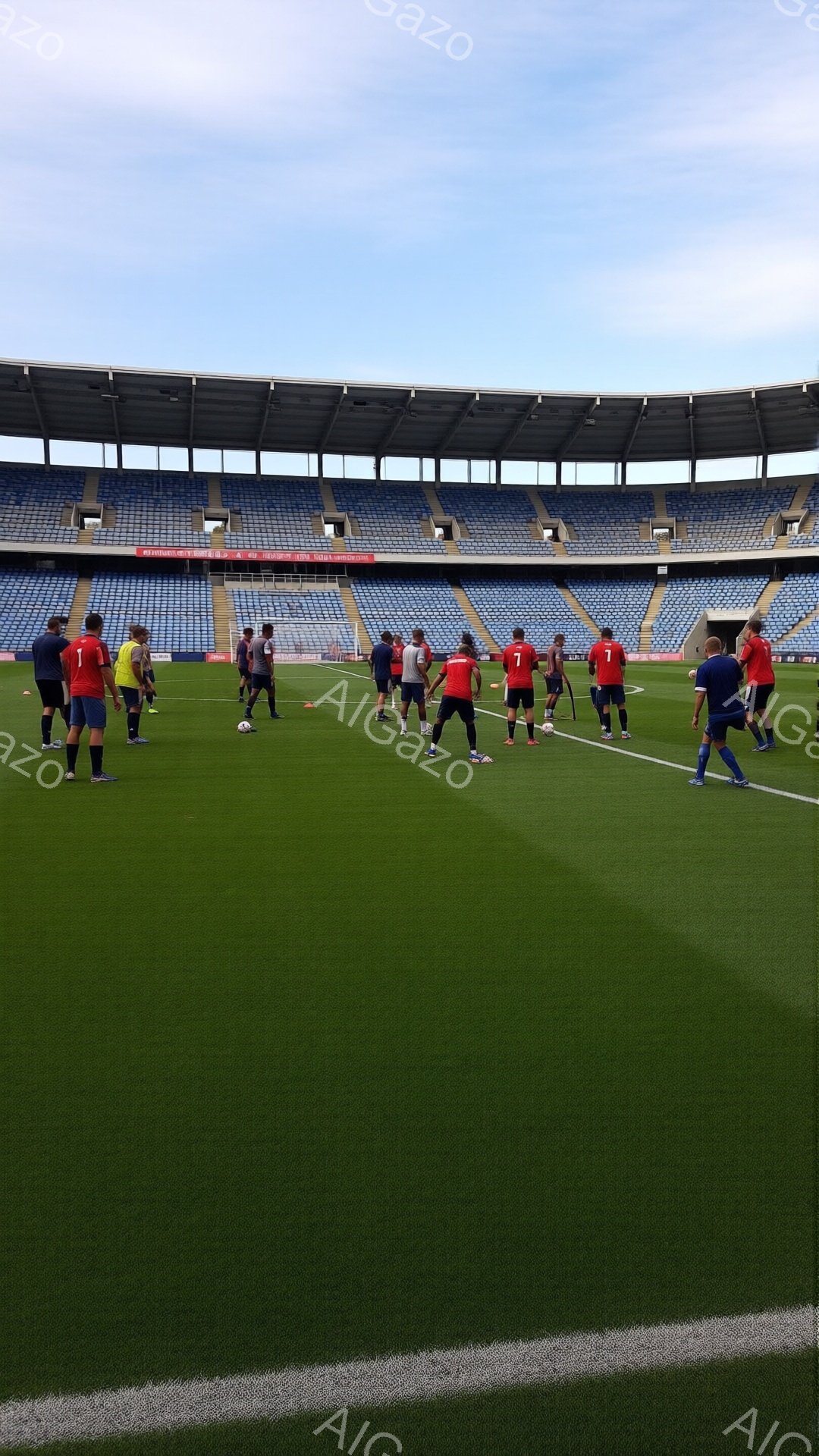 サッカー場では、赤いユニフォームを着た複数の選手たちが、明るい緑色の芝生の上で練習をしている。選手たちは様々なポーズで、リラックスした雰囲気でトレーニングに励んでいる様子が見て取れる。背景には、観客席 - AI生成フリー素材