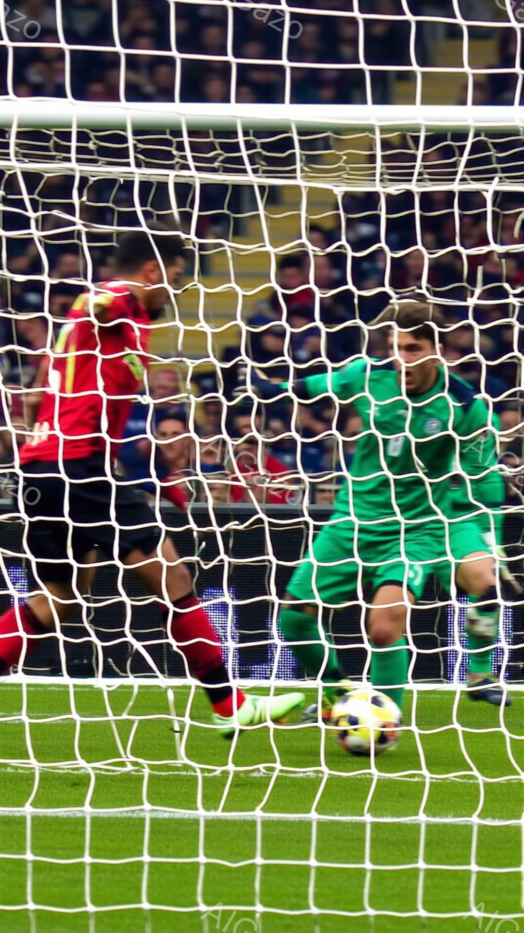 鮮やかな緑色のユニフォームを着たゴールキーパーが、迫りくるボールに飛び込もうとしている様子が捉えられています。対戦チームの選手は赤いユニフォームを着ており、ゴールネットの前に立っています。背景には観客席が広がり、試合の熱気が伝わってきます。