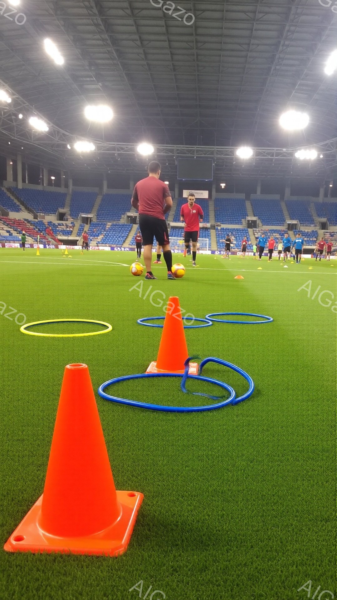 鮮やかな緑色の人工芝のサッカー場に、オレンジ色のコーンと青いリングが並べられたドリブル練習のコースが写っている。数人のサッカー選手が練習に参加しており、一人は赤いシャツと黒いショーツ姿で、後ろを向いて何かを話しているようだ。背景には青い座席の観客席が見え、屋内のスタジアムで天候の影響を受けずに練習できる様子がうかがえる。