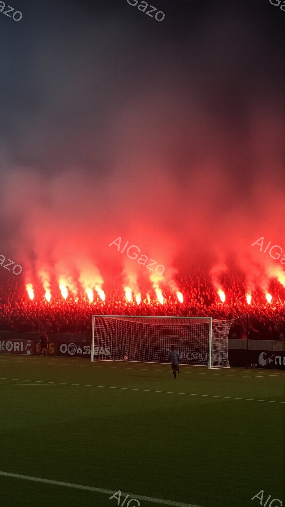 鮮やかな赤い光がスタジアム全体を覆い、観客席はまるで炎の海のように見える。緑の芝生と白いサッカーゴールが、そのコントラストを際立たせ、興奮と熱狂に満ちた雰囲気を醸し出している。一人の人物がゴール付近に立っているが、詳細は不明瞭で、その熱狂的な光景に溶け込んでいる。
