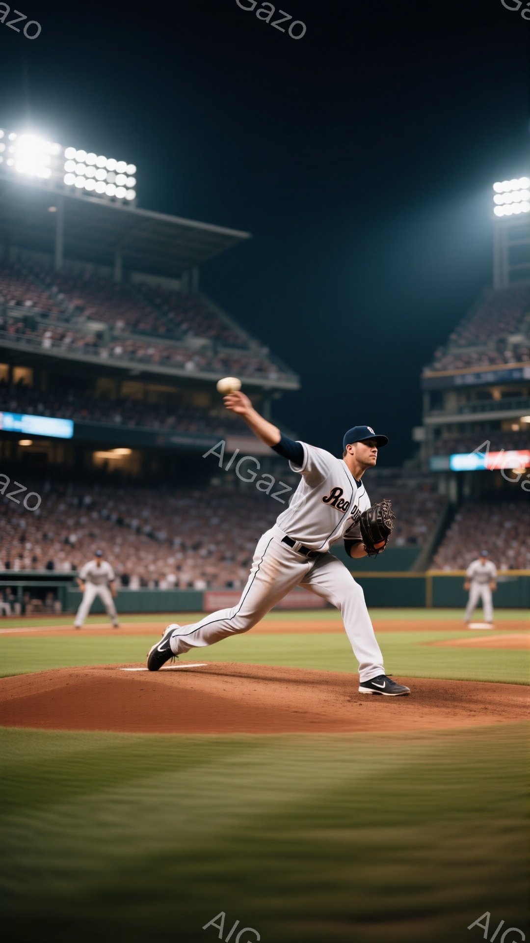 野球選手が投球の動作をしている写真です。彼は黒と白の制服を着用し、帽子をかぶっています。背景には観客席と夜空が広がり、活気のある野球場の雰囲気が伝わってきます。