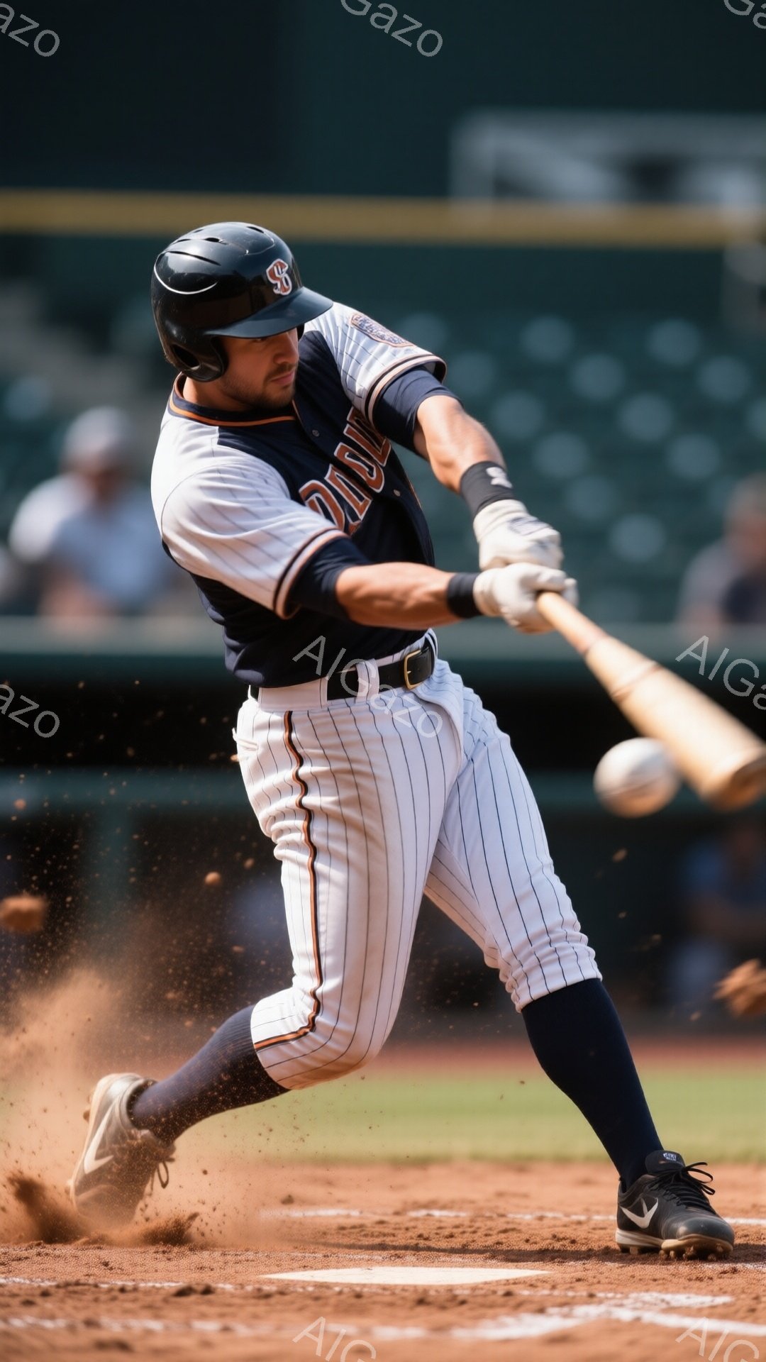 野球選手がバッティングの瞬間を捉えた写真です。彼は紺と白のストライプのユニフォーム、黒いヘルメット、そして濃い色のソックスを着用し、力強くスイングしています。土埃が舞い上がり、背景には緑色の芝生と観客席が見え、活気のある試合の様子が伝わってきます。