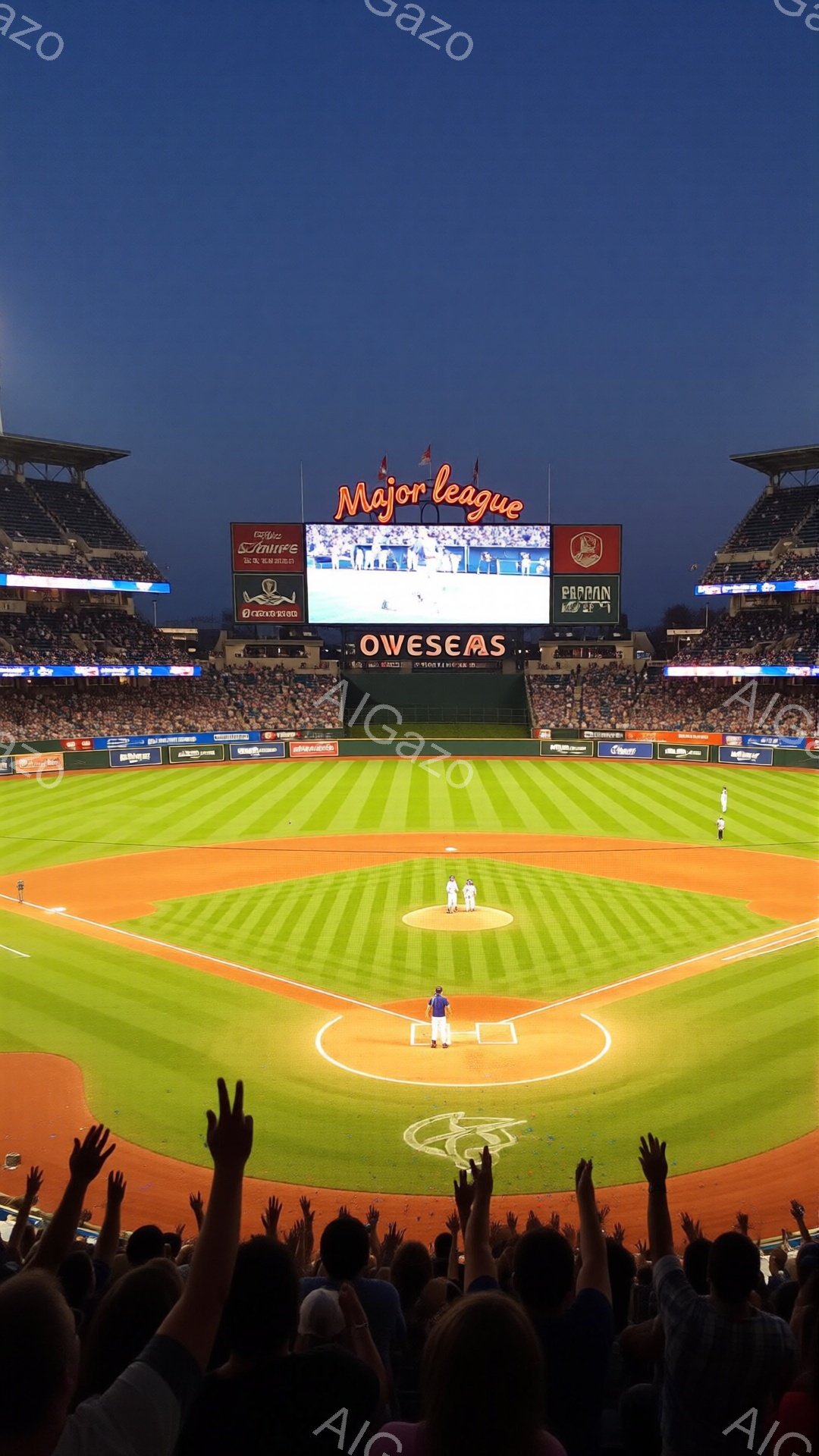 野球場から見た光景で、緑色の芝生とオレンジ色の土で構成された野球場が広がり、数多くの観客がスタンドに座っています。観客の一部は両手を高く上げ、興奮している様子が伺えます。背景には、夜空と照明が輝き、試合の熱気を高めています。